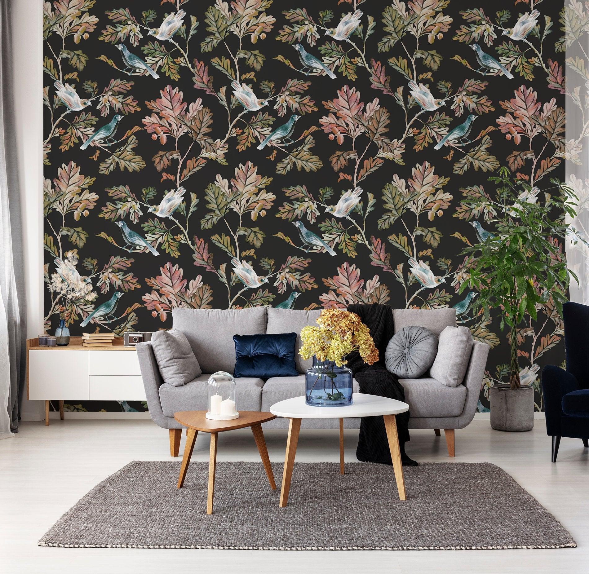 1900x1852 Dark botanical wallpaper with birds and plants peel and stick