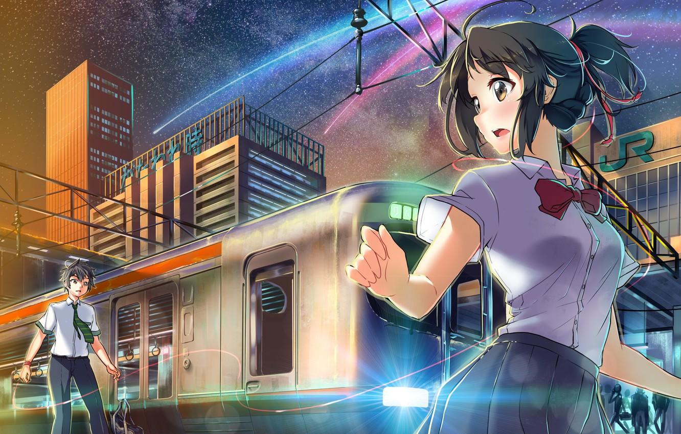 1332x850 Wallpaper girl, anime, art, guy, Still, tachibana taki, miyamizu mitsuha, Kimi no VA On, Your name, Mitsuha image for desktop, section сёдзё