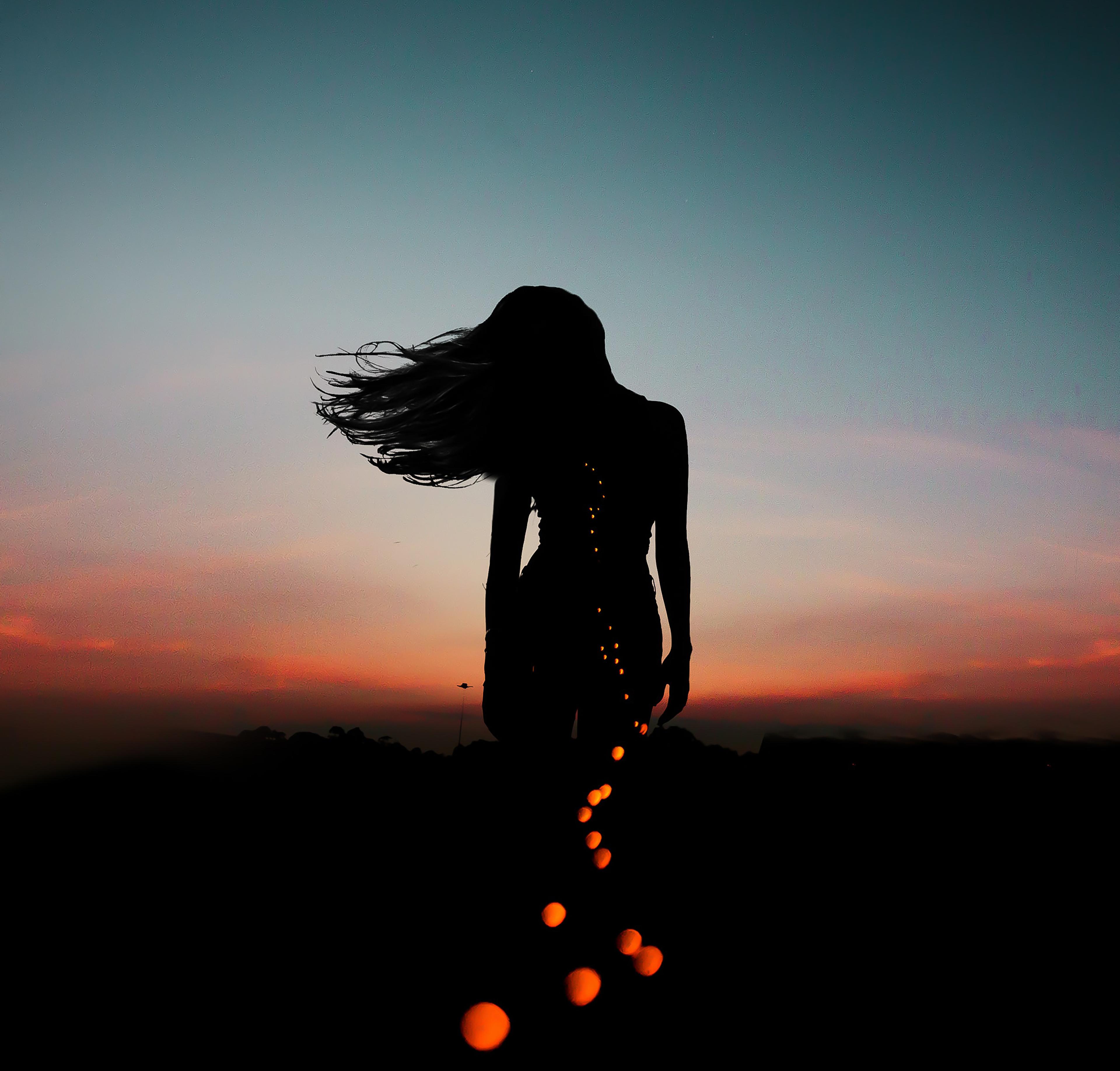 3840x3672 Girl Wallpaper 4K, Silhouette, Aesthetic, Mood, Bokeh, Evening sky, Photography