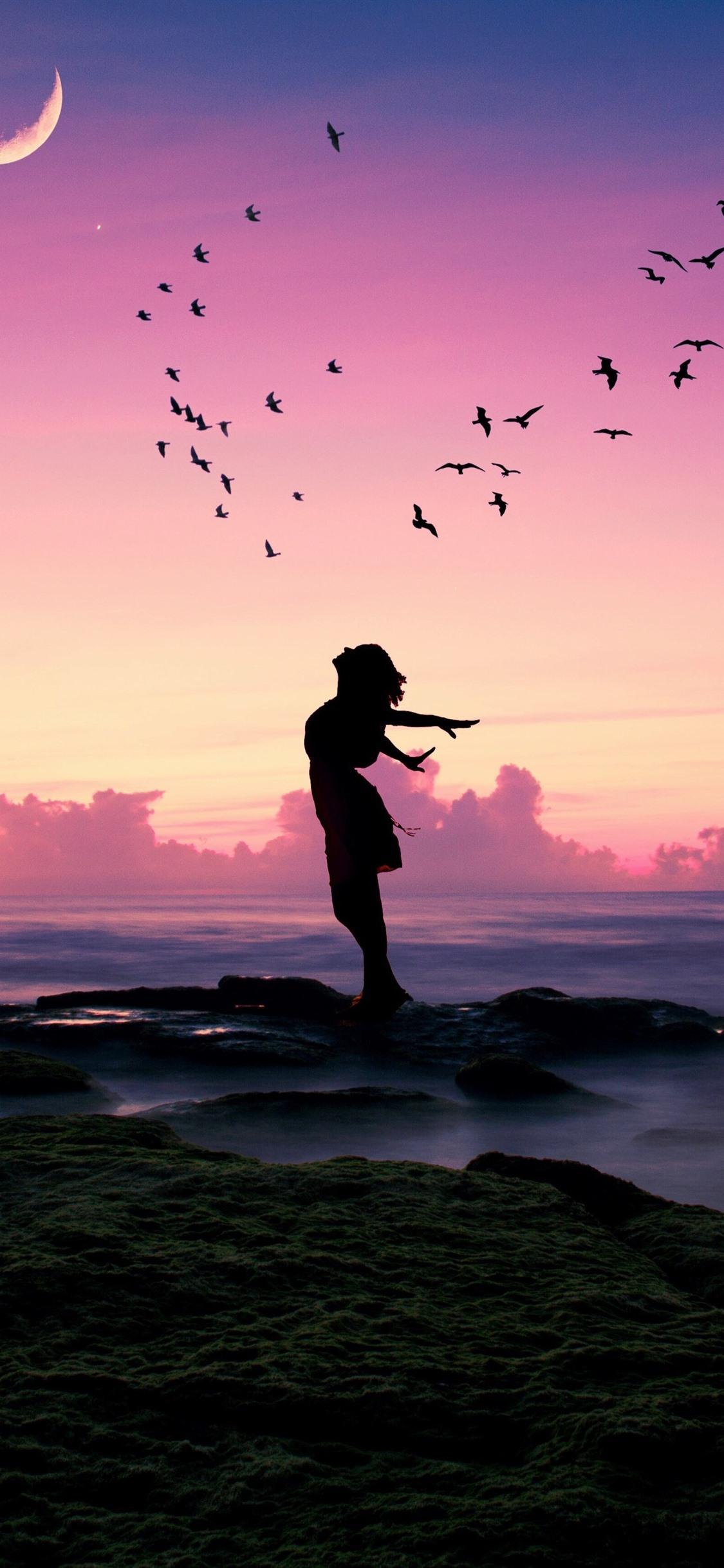 1125x2436 Wallpaper Girl, pose, birds, sea, moon, dusk, silhouette 3840x2160 UHD 4K Picture, Image