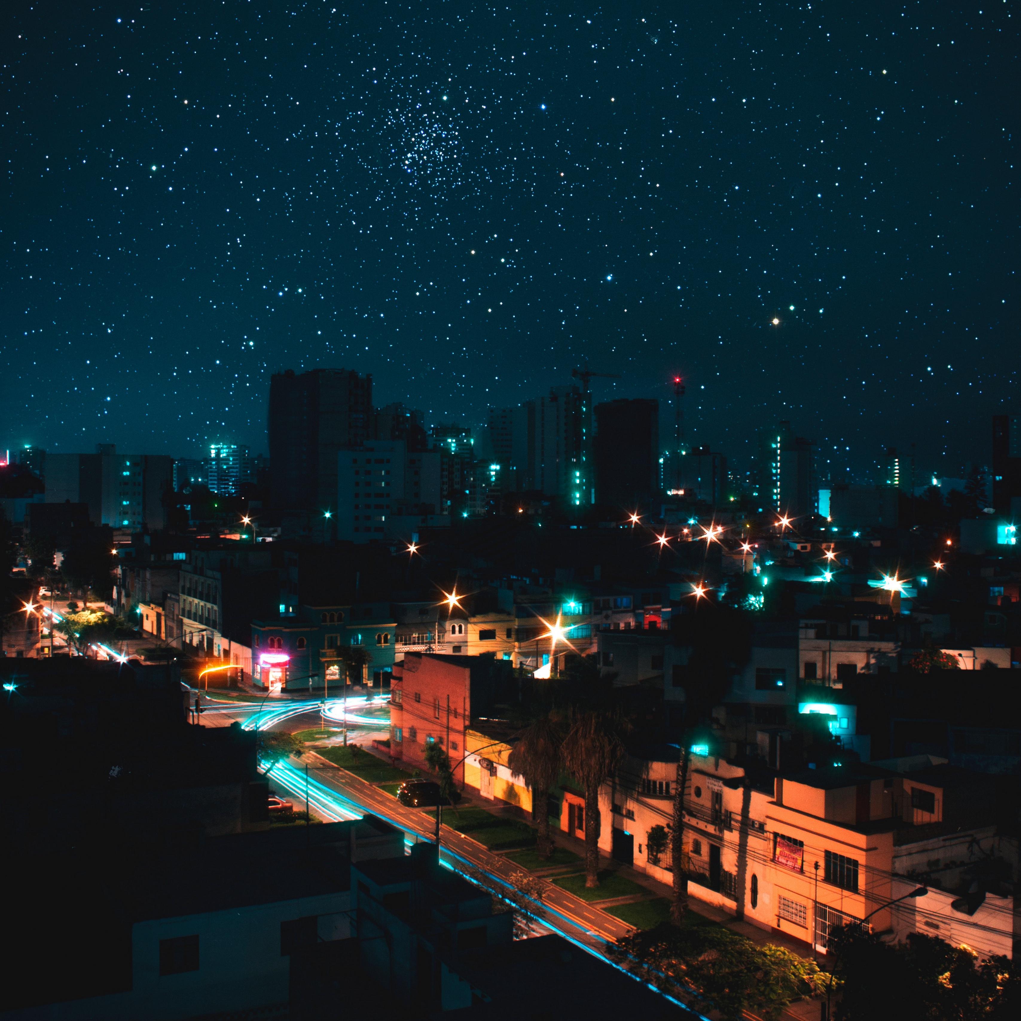 3415x3415 Wallpaper Night City, View From Above, Starry Sky, City Sky Background