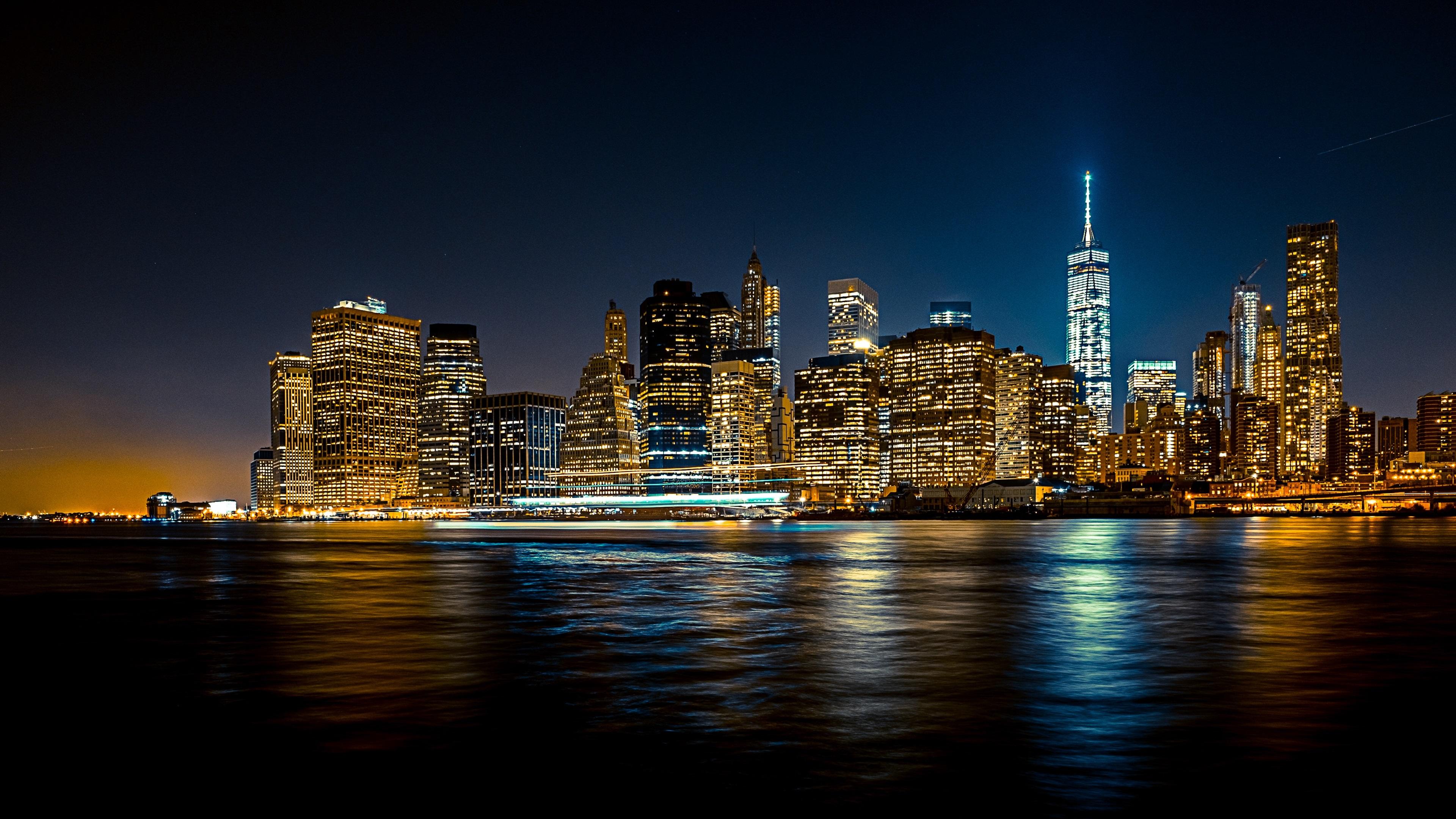 3840x2160 Wallpaper Night city view, skyscrapers, river, lights 3840x2160 UHD 4K Picture, Image