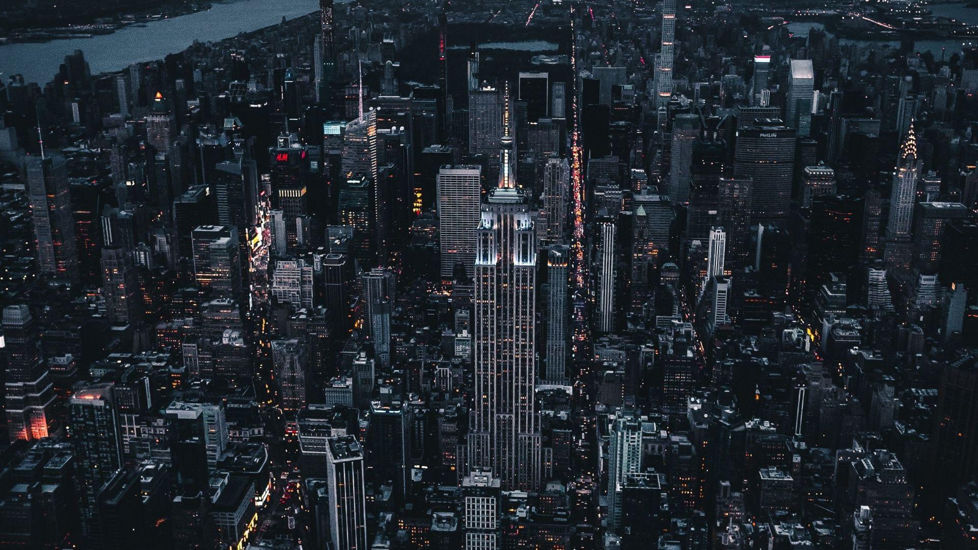 1920x1080 Desktop wallpaper new york, dark, night, city, aerial view, HD image, picture, background, 9a25a9