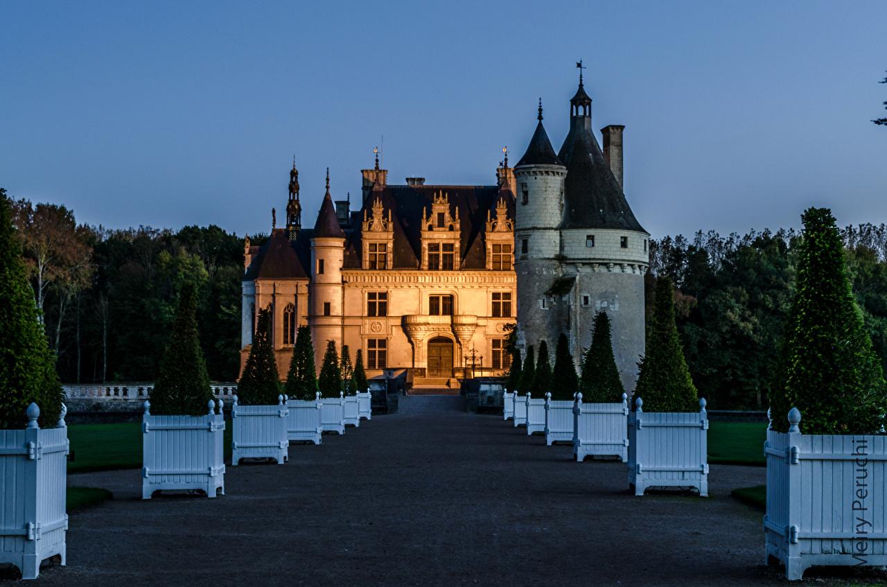 1280x847 Wallpaper France Chateau de Chenonceau Castles Evening Cities