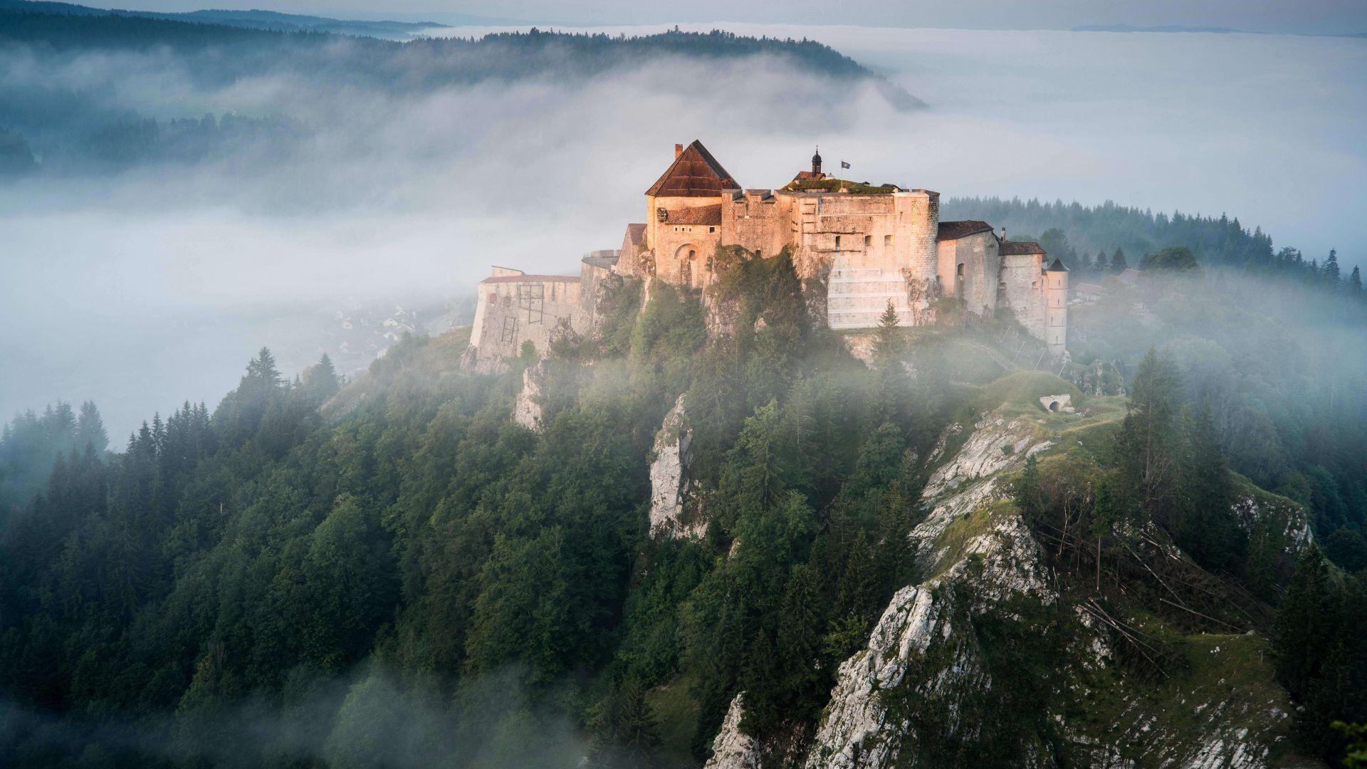 1920x1080 Wallpaper Château de Joux, France, mountains, fog, castle, 8K, Travel