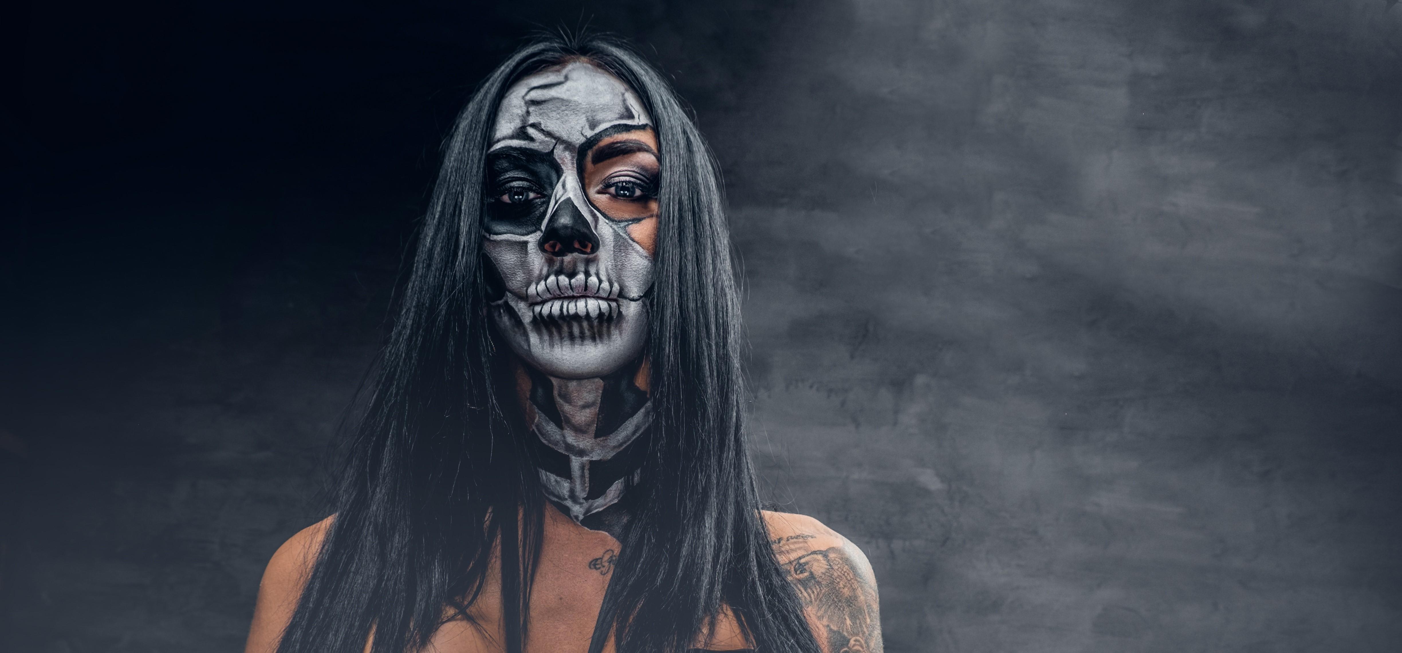4896x2283 4K, day of the dead, Holidays, Makeup, Brunette girl, Hair. Mocah HD Wallpaper