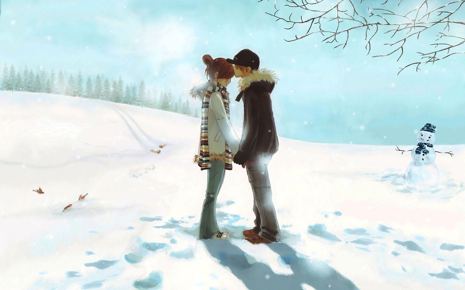 1920x1200 Cute Snow Couple Love Wallpaper