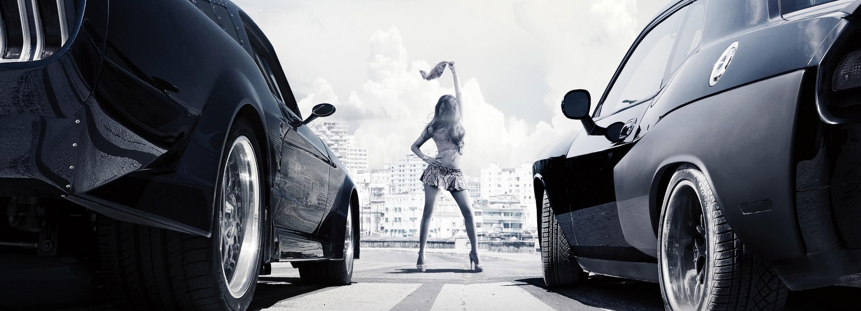 2766x1000 Download 2766x1000 The Fate Of The Furious, Racing, Monochrome Wallpaper