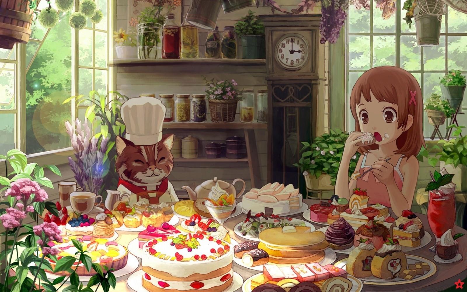 1600x1000 food, anime girls, dessert, flower, meal, buffet, floristry. Mocah HD Wallpaper