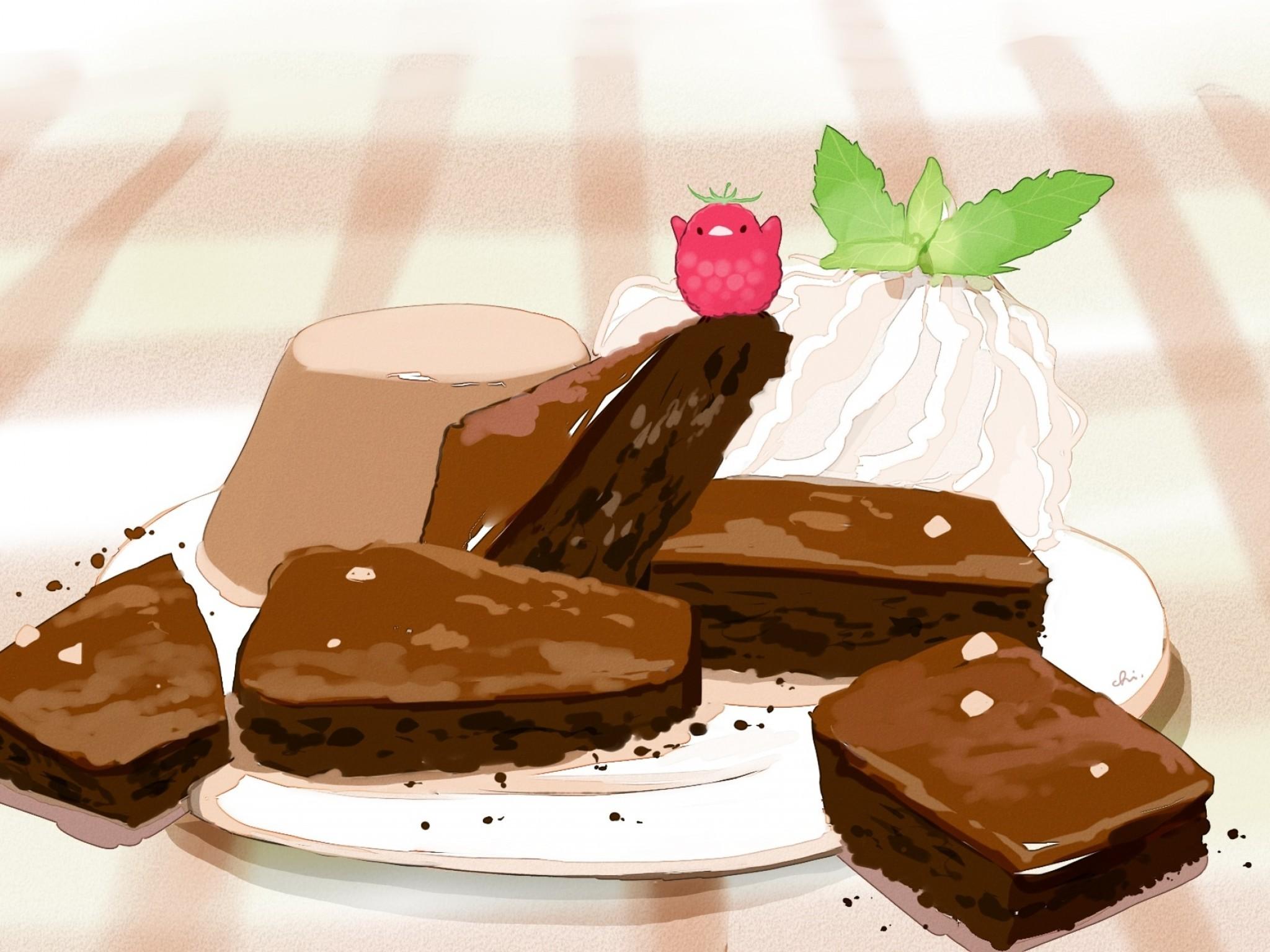 2048x1536 Download 2048x1536 Anime Dessert, Chocolate Cake, Plate, Dessert, Cute Bird Wallpaper for Ainol Novo 9 Spark