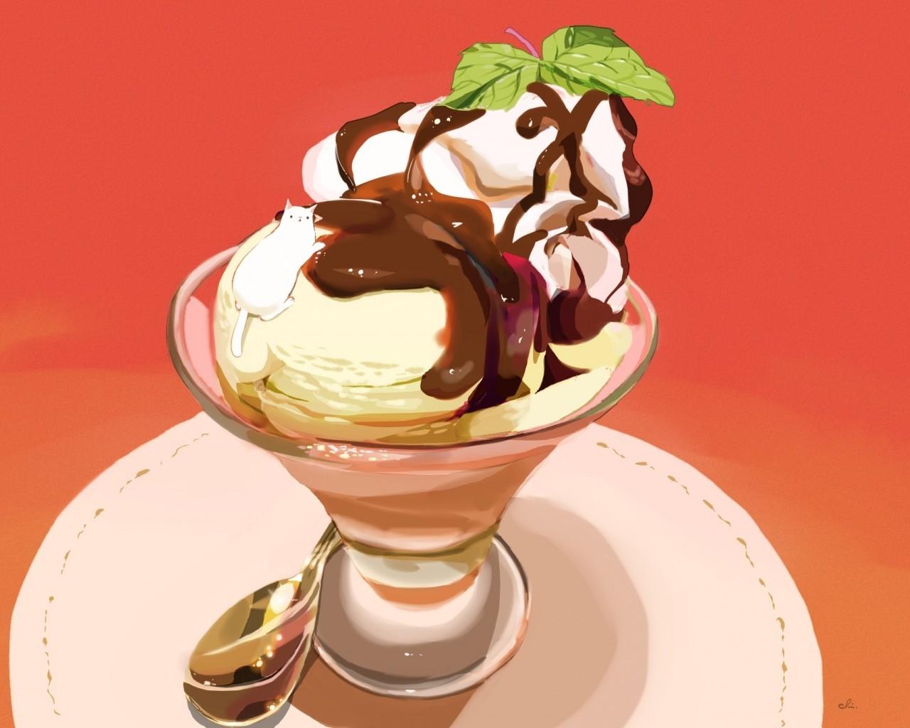 1280x1024 Download 1280x1024 Ice Cream, Chocolate Sauce, Cup, Anime Food, Dessert Wallpaper