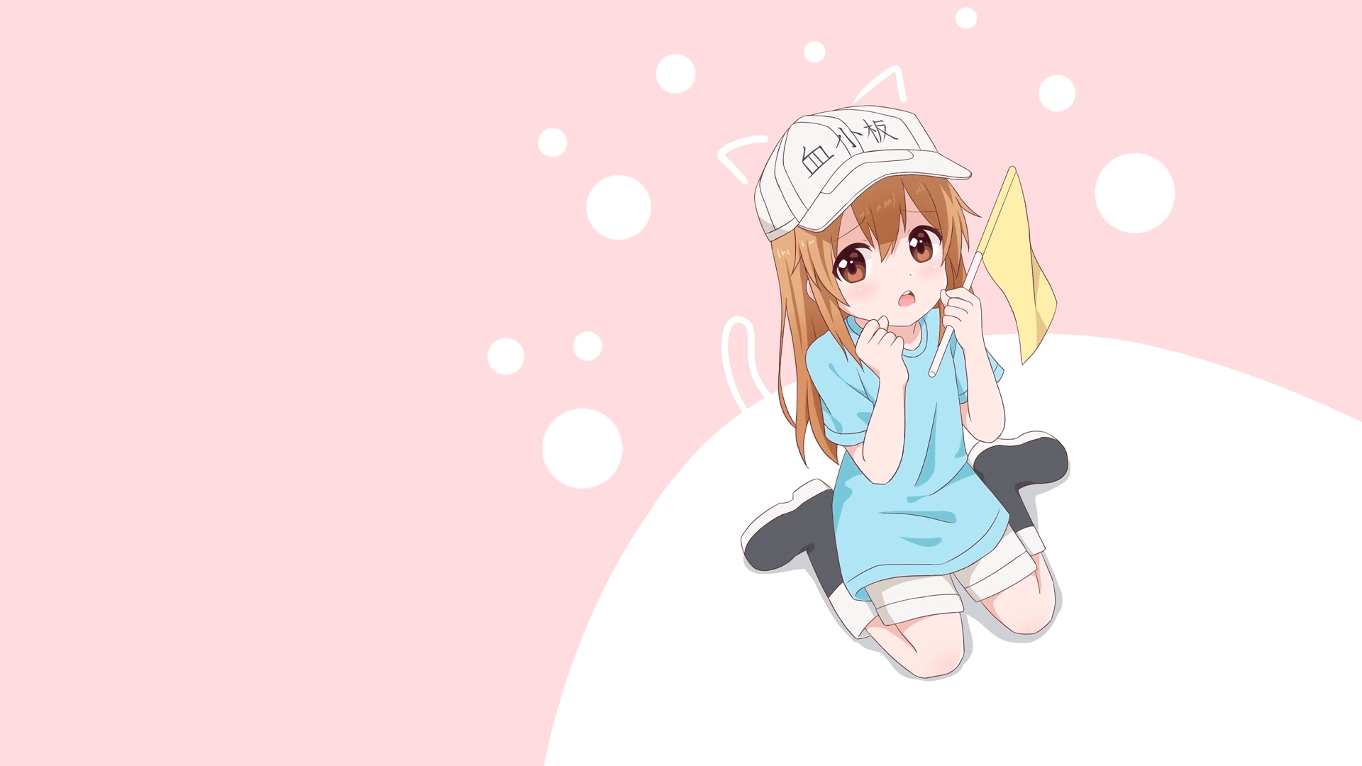 1920x1080 Wallpaper / anime, manga, anime girls, minimalism, simple background, pink background, hat, Hataraku Saibou, nekomimi