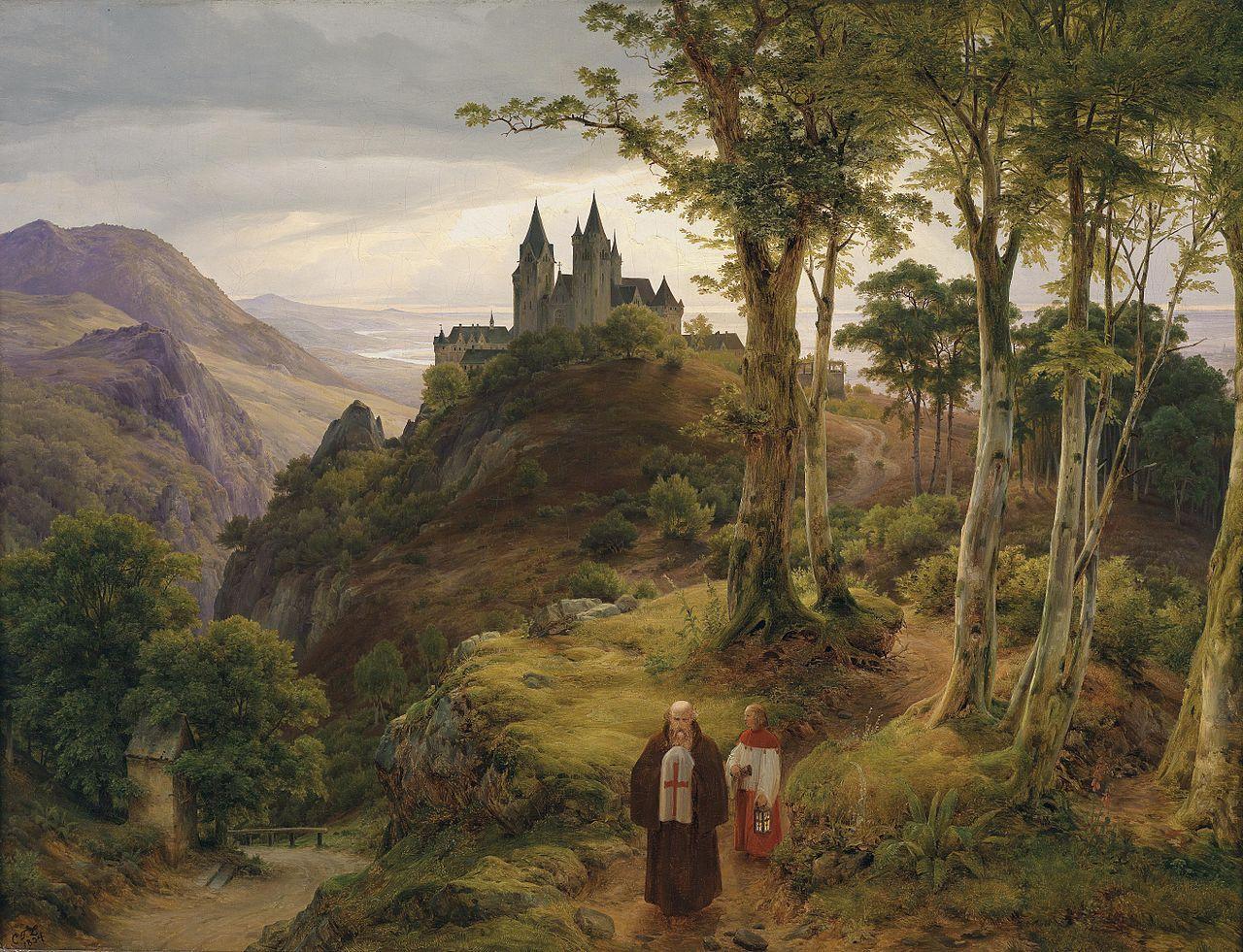 1280x981 Romantic Landscape with a Monastery, vintage artwork by Karl Friedrich Lessing, 12x8. Romanticism paintings, Romantic paintings, Landscape