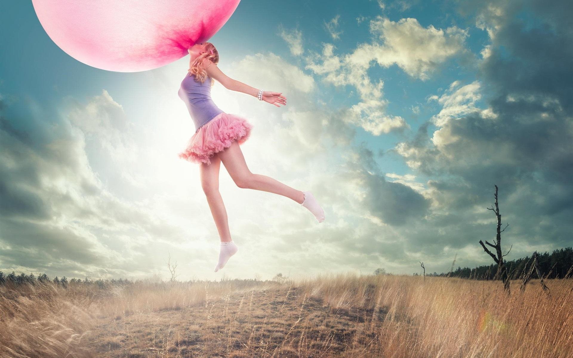1920x1200 Wallpaper Oversized chewing gum bubble, girl flying, grass, creative picture 1920x1200 HD Picture, Image