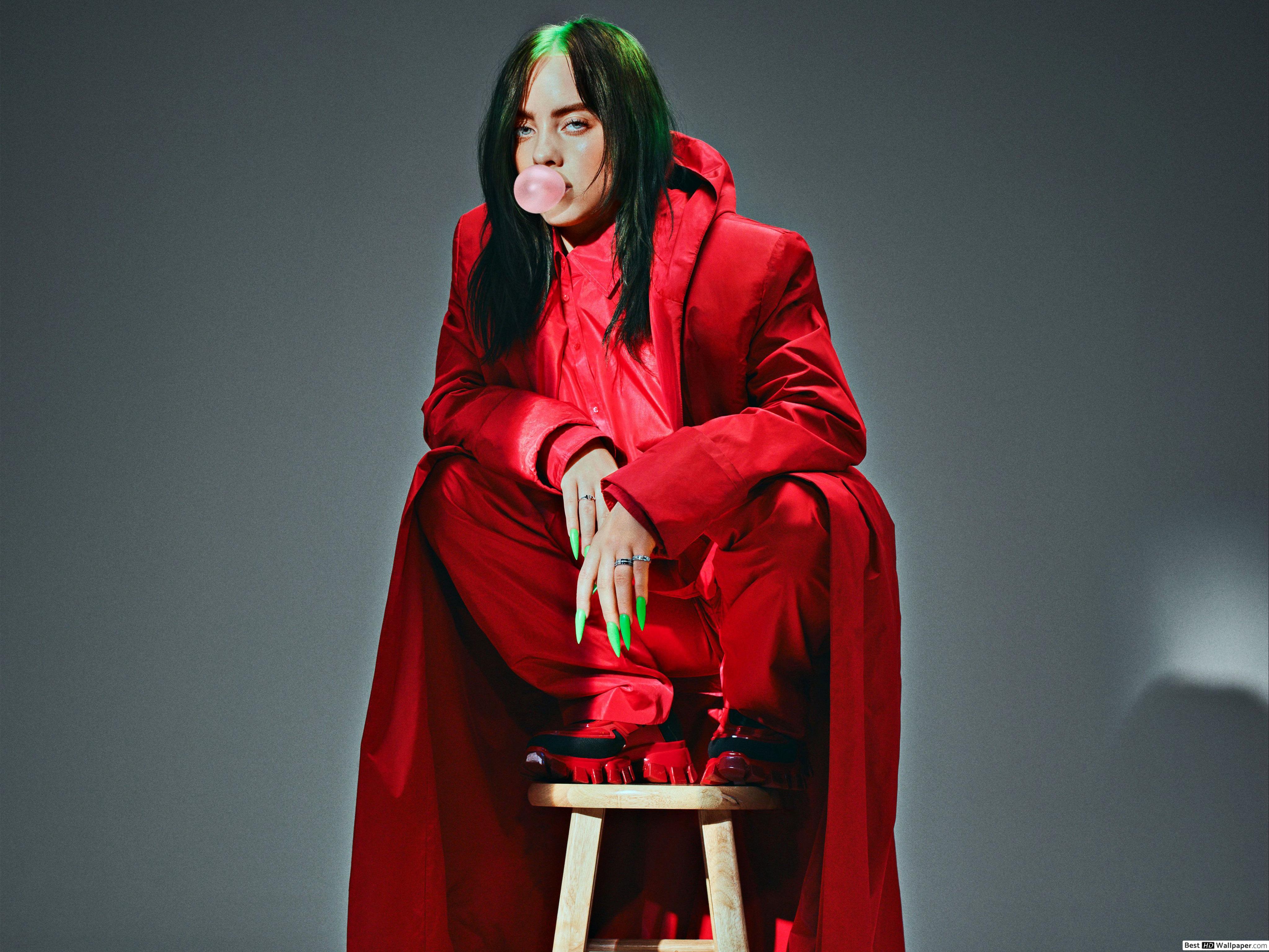4096x3072 Singer Billie Eilish wearing all red outfit and eating bubble gum HD wallpaper download