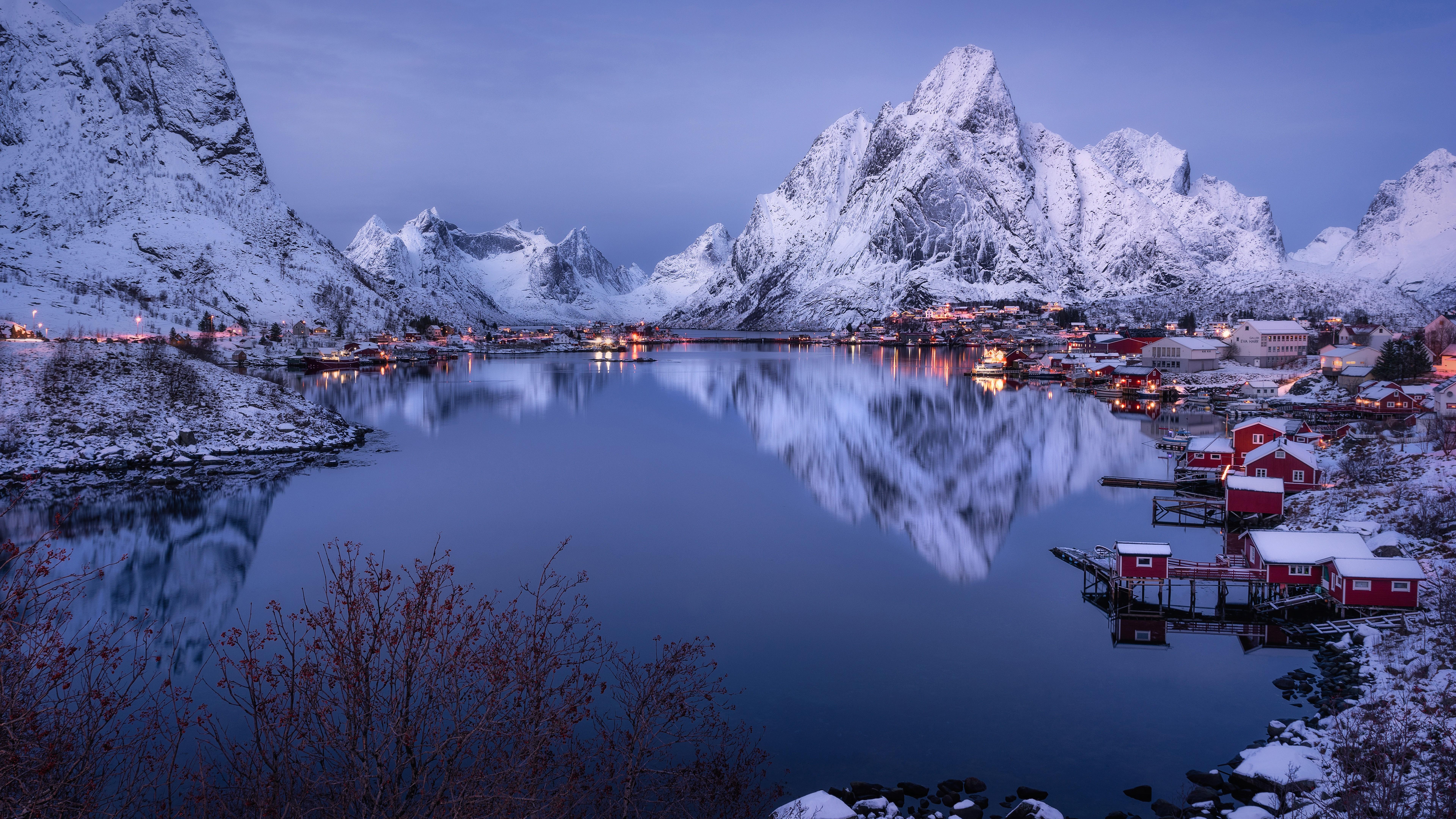 7680x4320 Fjord Lofoten Islands Mountain Norway With Reflection On River 4K 8K HD Travel Wallpaper