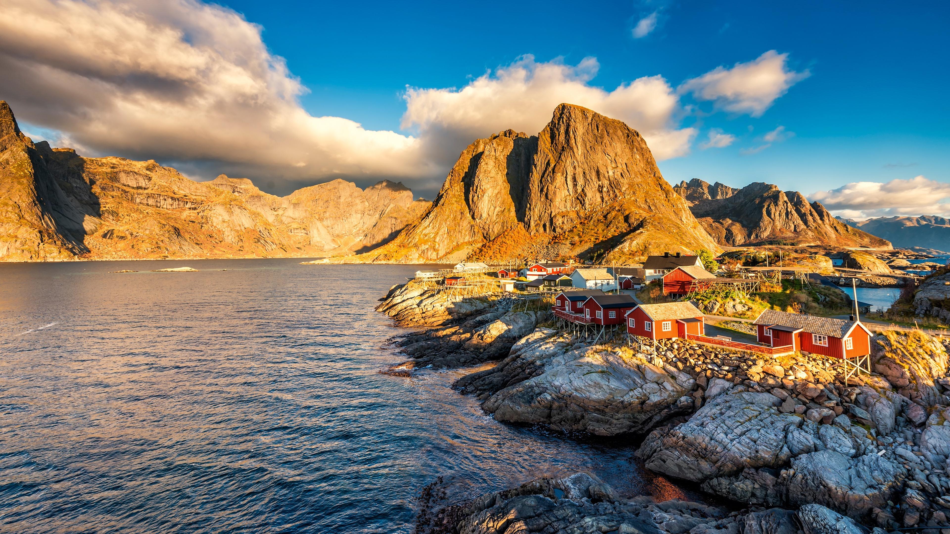 3840x2160 Wallpaper Norway, houses, village, mountains, lake, clouds 3840x2160 UHD 4K Picture, Image