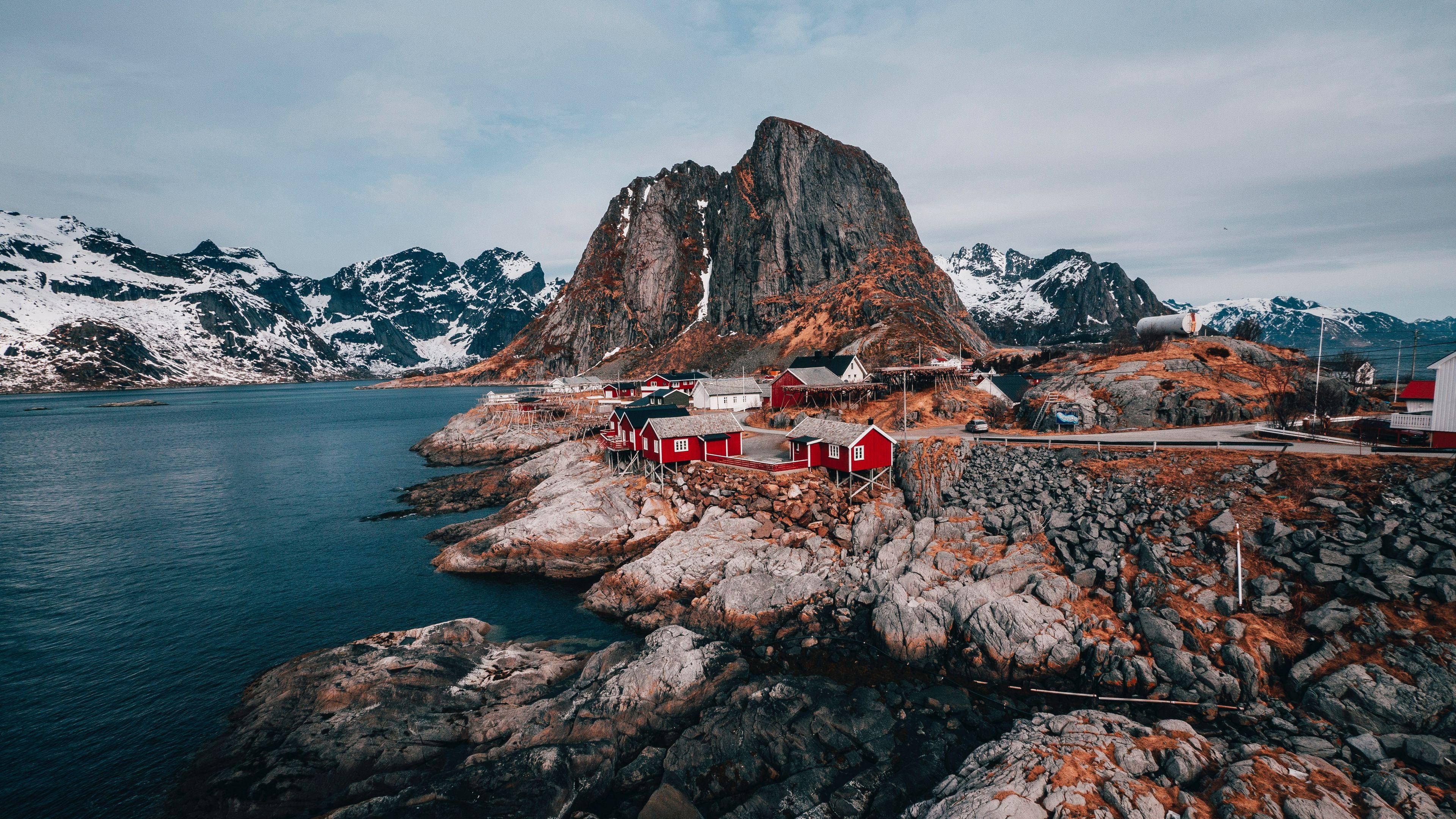 3840x2160 Wallpaper / buildings, mountains, rest, travel, rocks, lofoten islands, svolvaer, norway, 4k