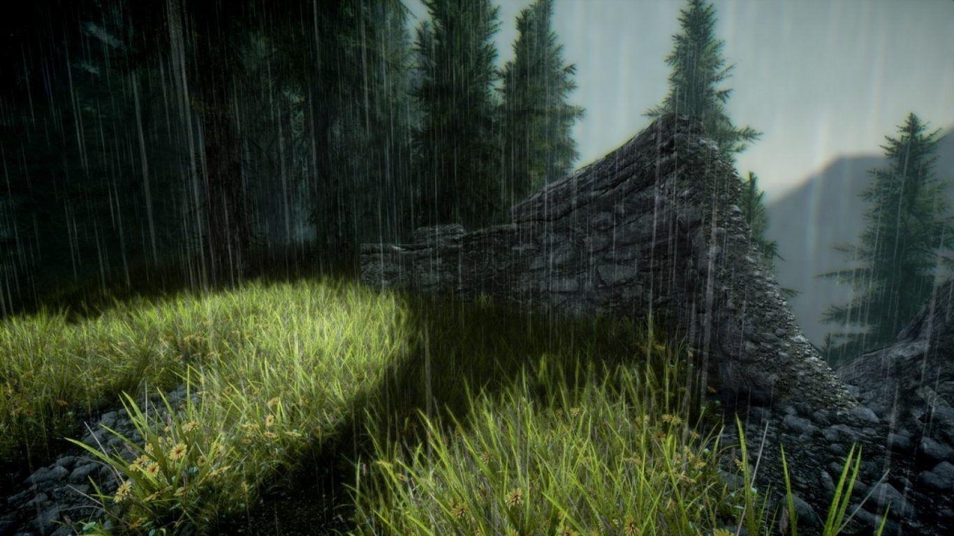 1366x768 Mountain Trees Nature Hill Skyrim Games Grass Rainy Stone Beautiful Rain Video Wall Scenery Wallpaper Road. Scenery wallpaper, Wall scenery, Scenery