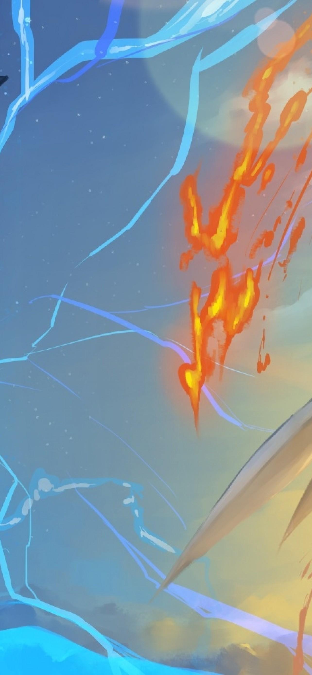 1284x2778 Download 1284x2778 Zekrom, Reshiram, Fight, Pokemon, Red And Blue Wallpaper for iPhone 12 Pro Max