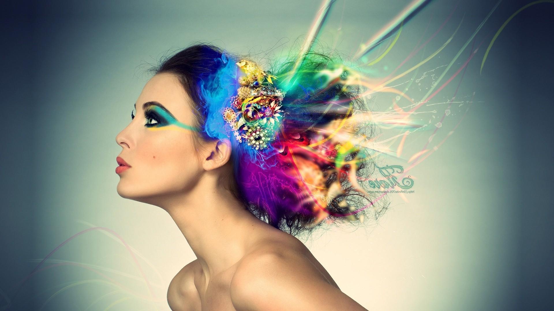 1920x1080 1920x1080 model brunette dyed hair digital art makeup colorful wallpaper JPG 391 kB