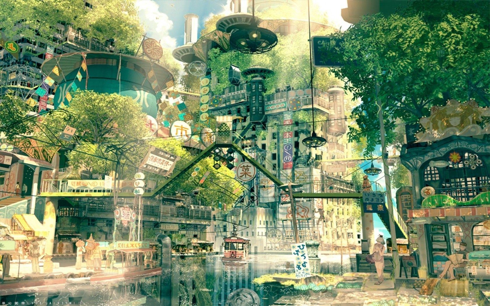 1680x1050 Hình nền: Nhật Bản, Bản vẽ, Thành phố, Cảnh thành phố, Anime, thiên nhiên