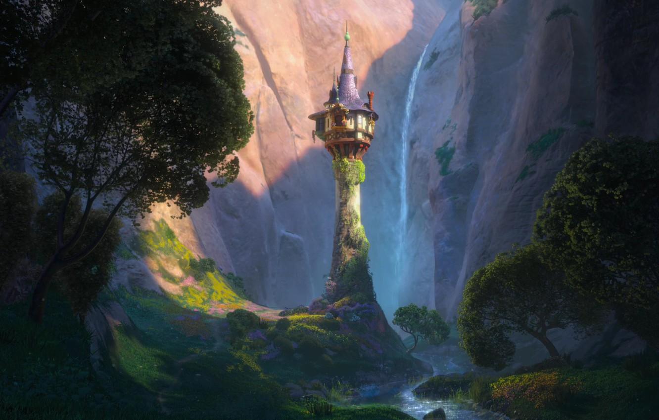 1332x850 Wallpaper trees, flowers, mountains, castle, tower, valley, spire, Tangled, Complicated story, Princess Rapunzel, Rapunzel image for desktop, section фильмы