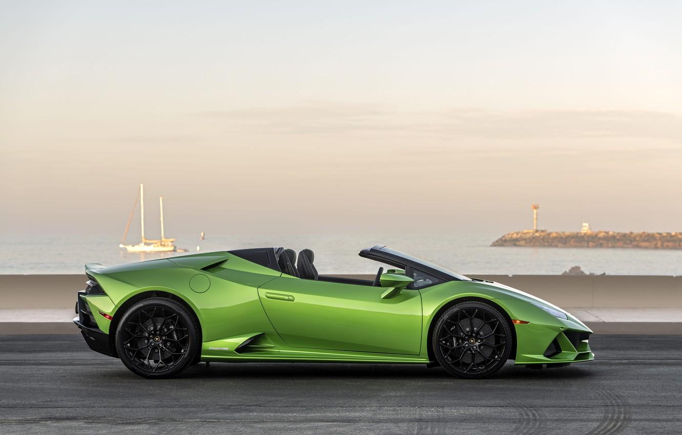 1332x850 Wallpaper sunset, coast, the evening, Lamborghini, side view, Spyder, Evo, Huracan, USA version, Huracan Evo image for desktop, section lamborghini