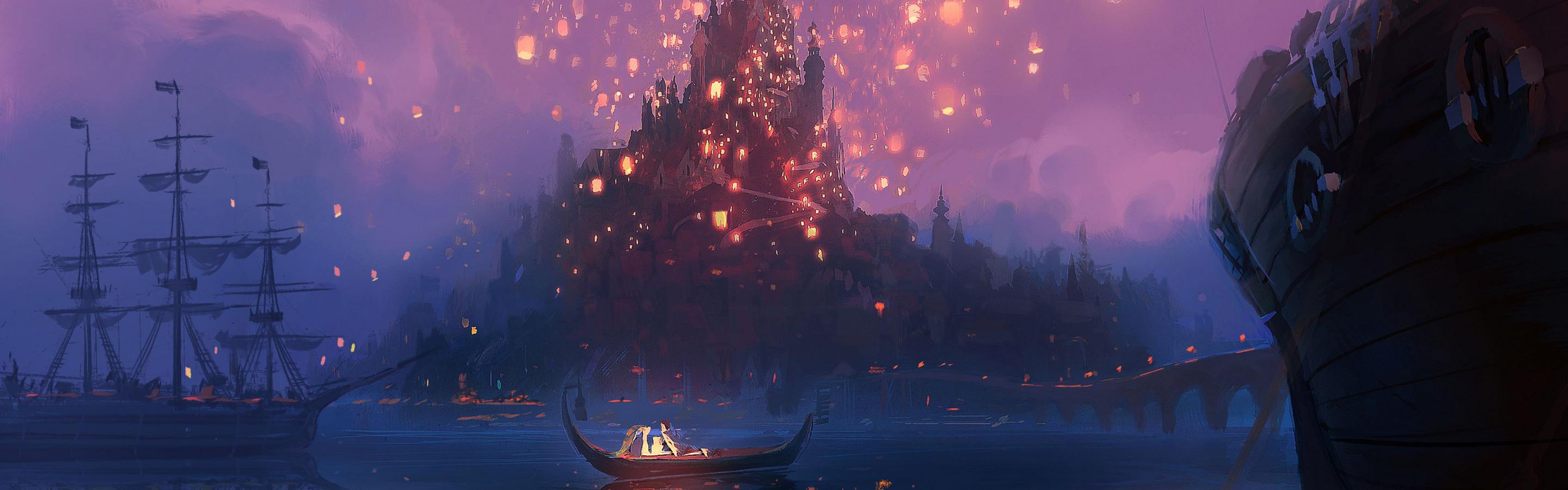 2880x900 Download wallpaper night, bridge, lights, river, castle, boat, figure, cartoon, ships, art, lights, Rapunzel, Tangled, Flynn, Rapunzel, Flynn, section films in resolution 2880x900