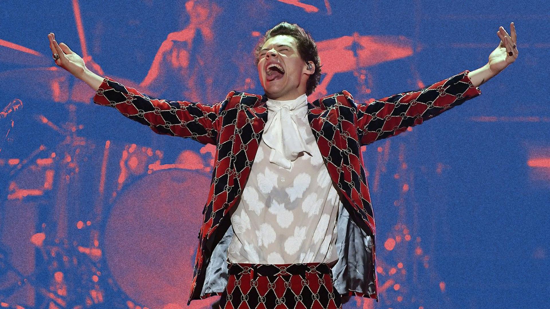 1920x1080 Harry Styles Is Wearing White Shirt With Red Black Design Coat With Tongue Out And Hands In Air HD Harry Styles Wallpaper