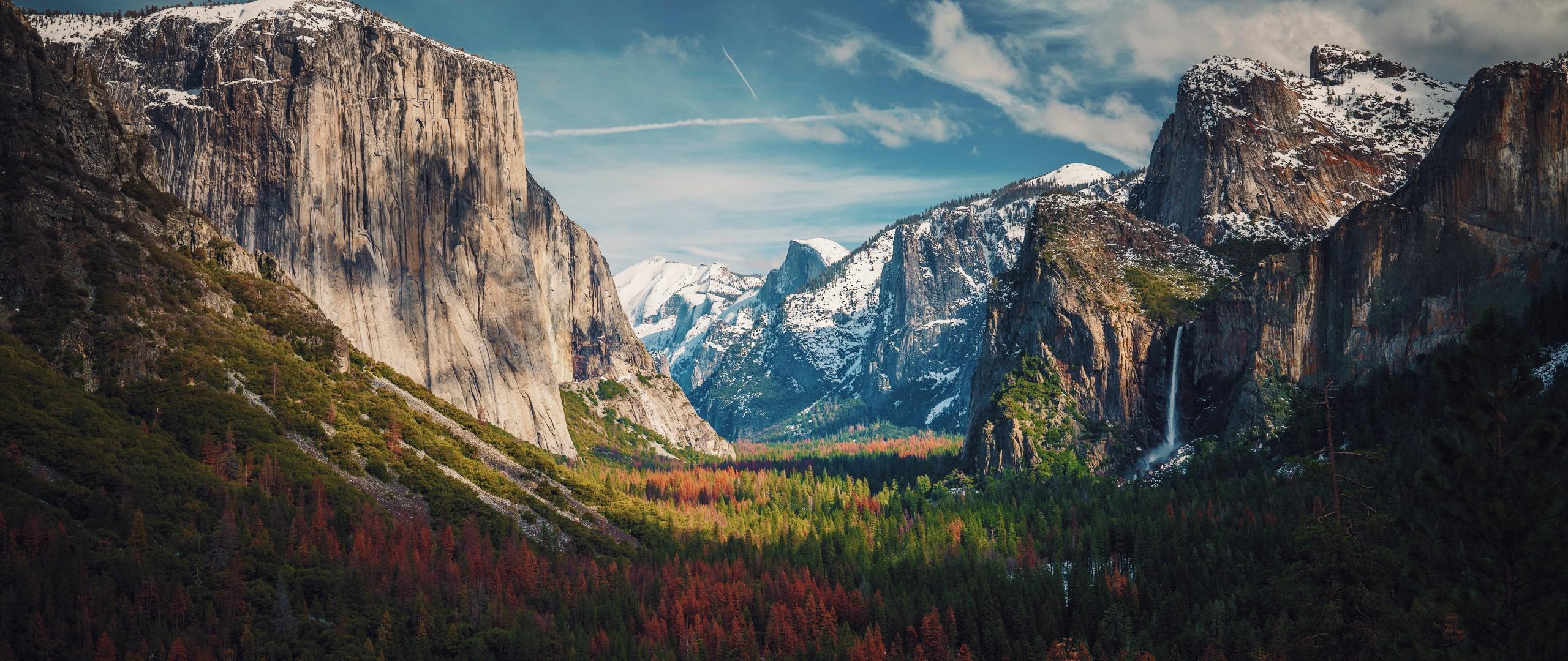 2560x1080 Yosemite Valley Wallpaper 4K, Glacier mountains, Mountain range, Landscape, Nature