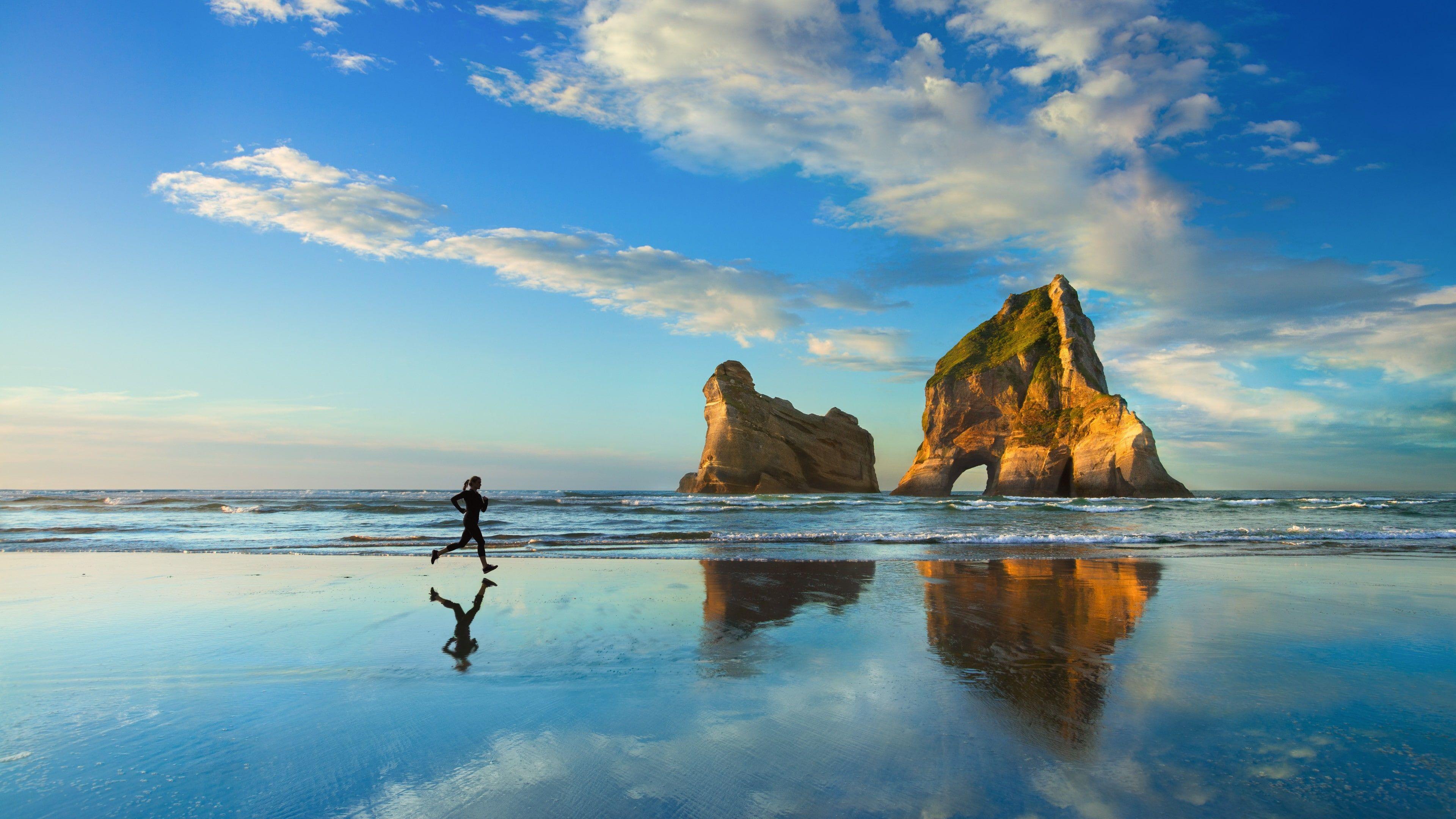 3840x2160 HD wallpaper: Windows 4k, 5k wallpaper, Microsoft, blue, sea, woman, running 4K of Wallpaper for Andriod