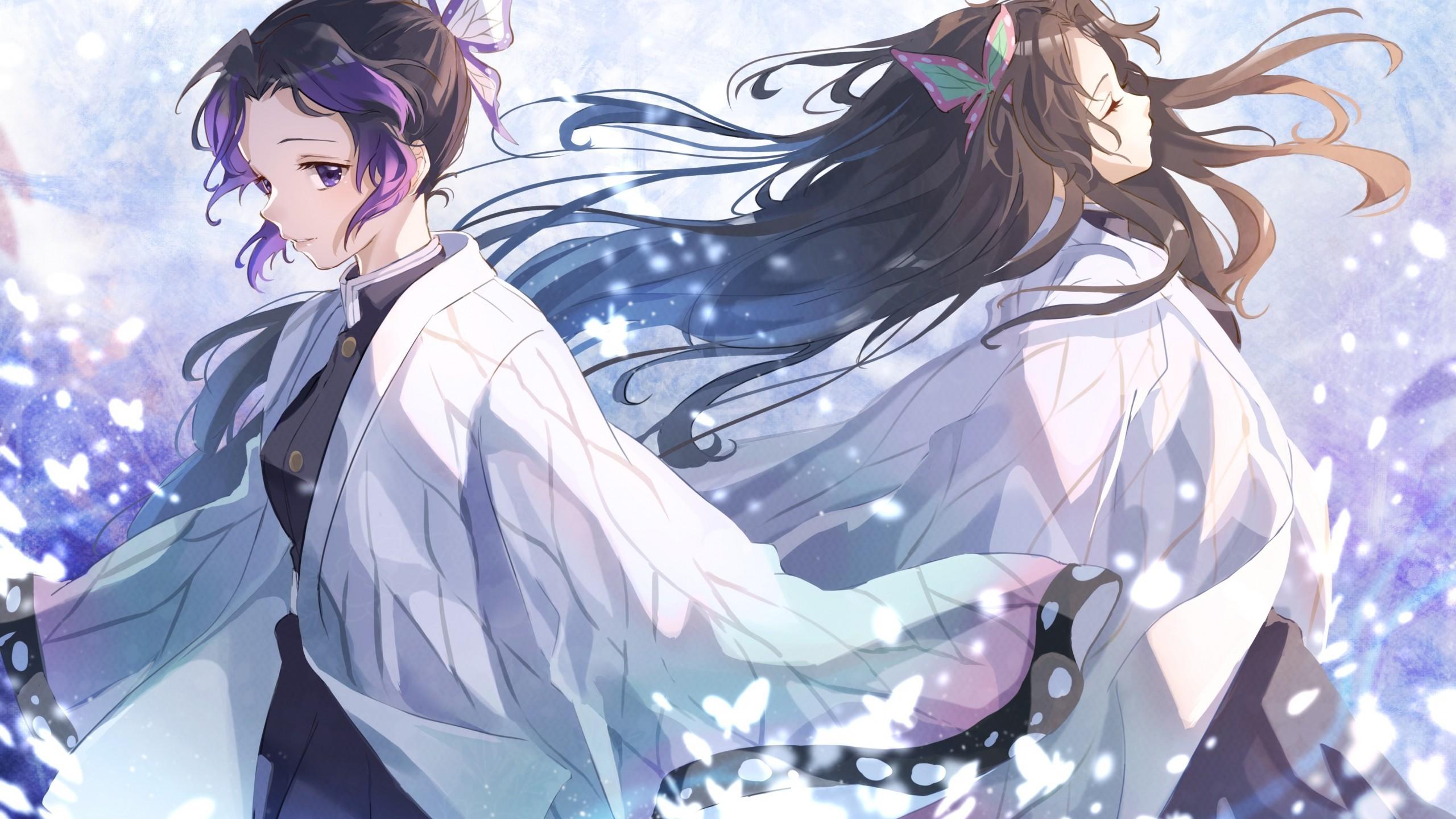 2560x1440 Download 2560x1440 Kochou Shinobu, Kochou Kanae, Kimetsu No Yaiba, Brown Hair, Cape, Demon Slayer Wallpaper for iMac 27 inch
