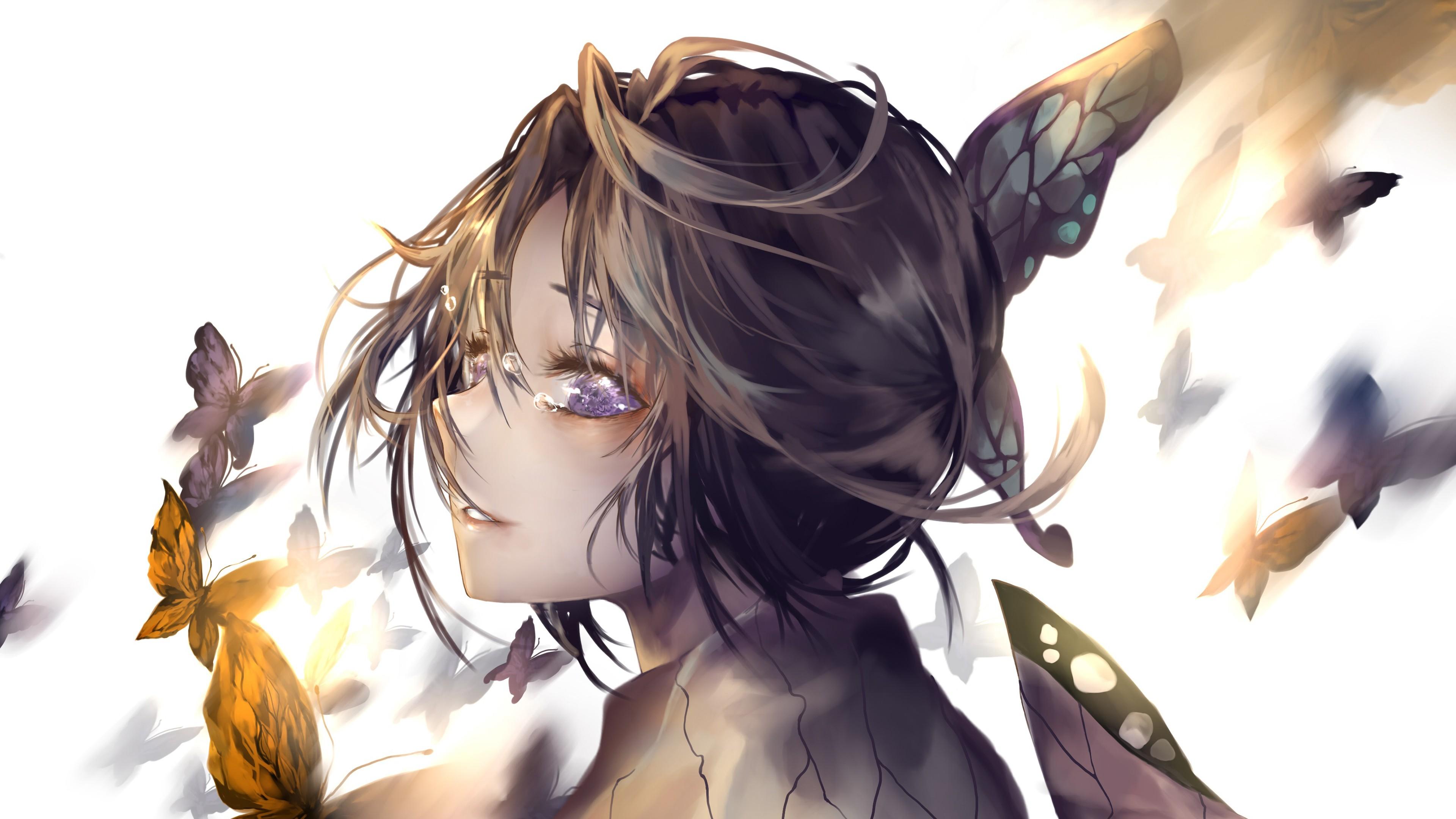 3840x2160 Demon Slayer Shinobu Kochou With White Background And Shallow Butterflies 4K HD Anime Wallpaper