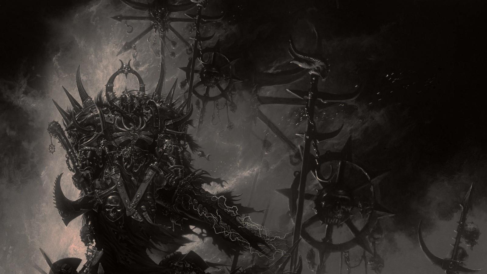 1600x900 black, digital art, monochrome, fantasy art, dark, knight, photography, artwork, Warhammer 40 machine, WH40K, midnight, Chaos, darkness, screenshot, computer wallpaper, black and white, monochrome photography, fictional character. Mocah