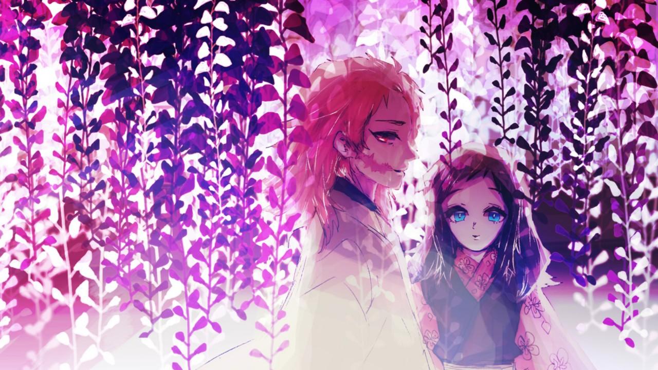 1280x720 Demon Slayer Makomo Sabito With Background Of Purple Plants HD Anime Wallpaper