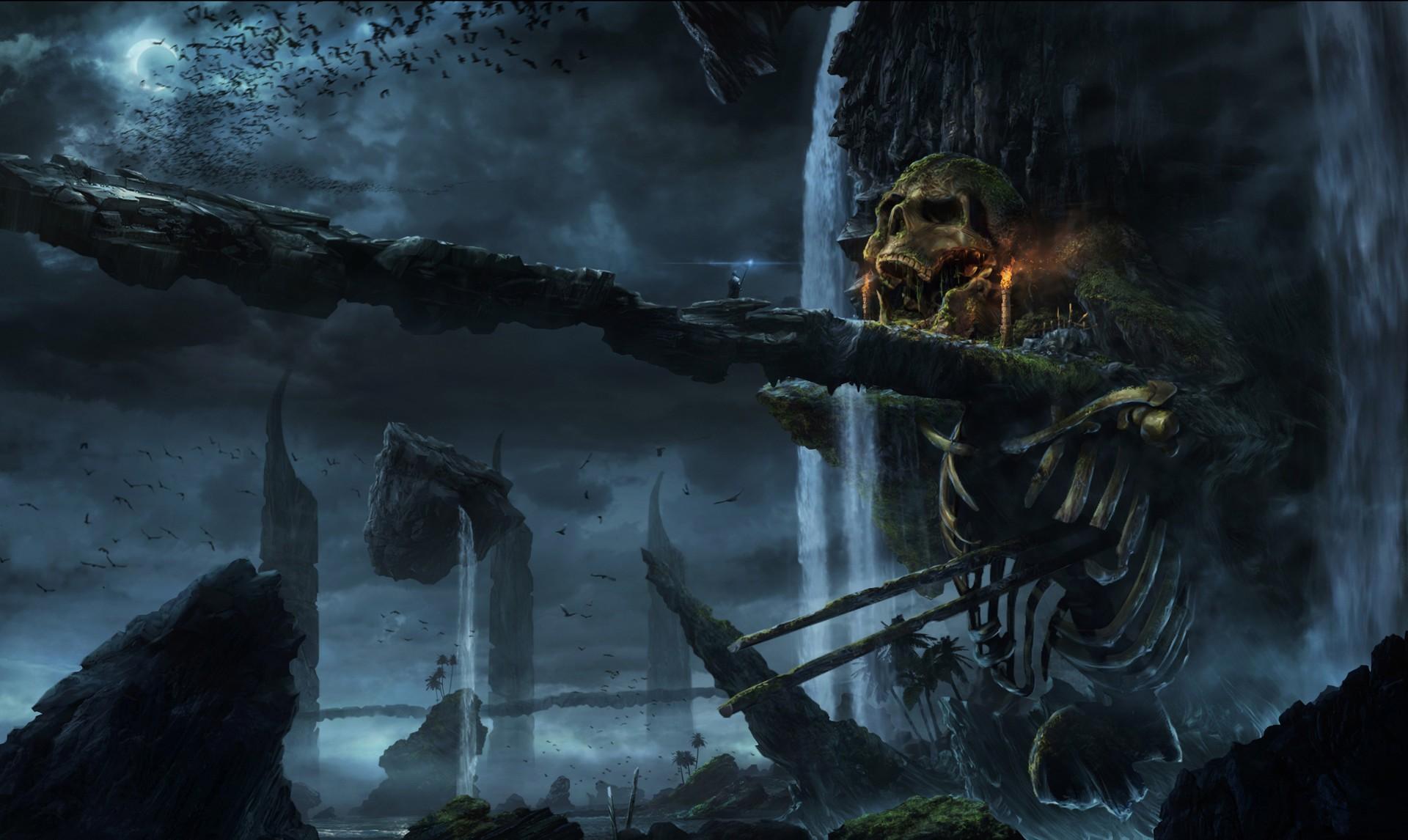 1920x1146 #waterfall, #rocks, #bats, #fantasy art, #dark, #Moon, #digital art, #skeleton, wallpaper. Mocah HD Wallpaper