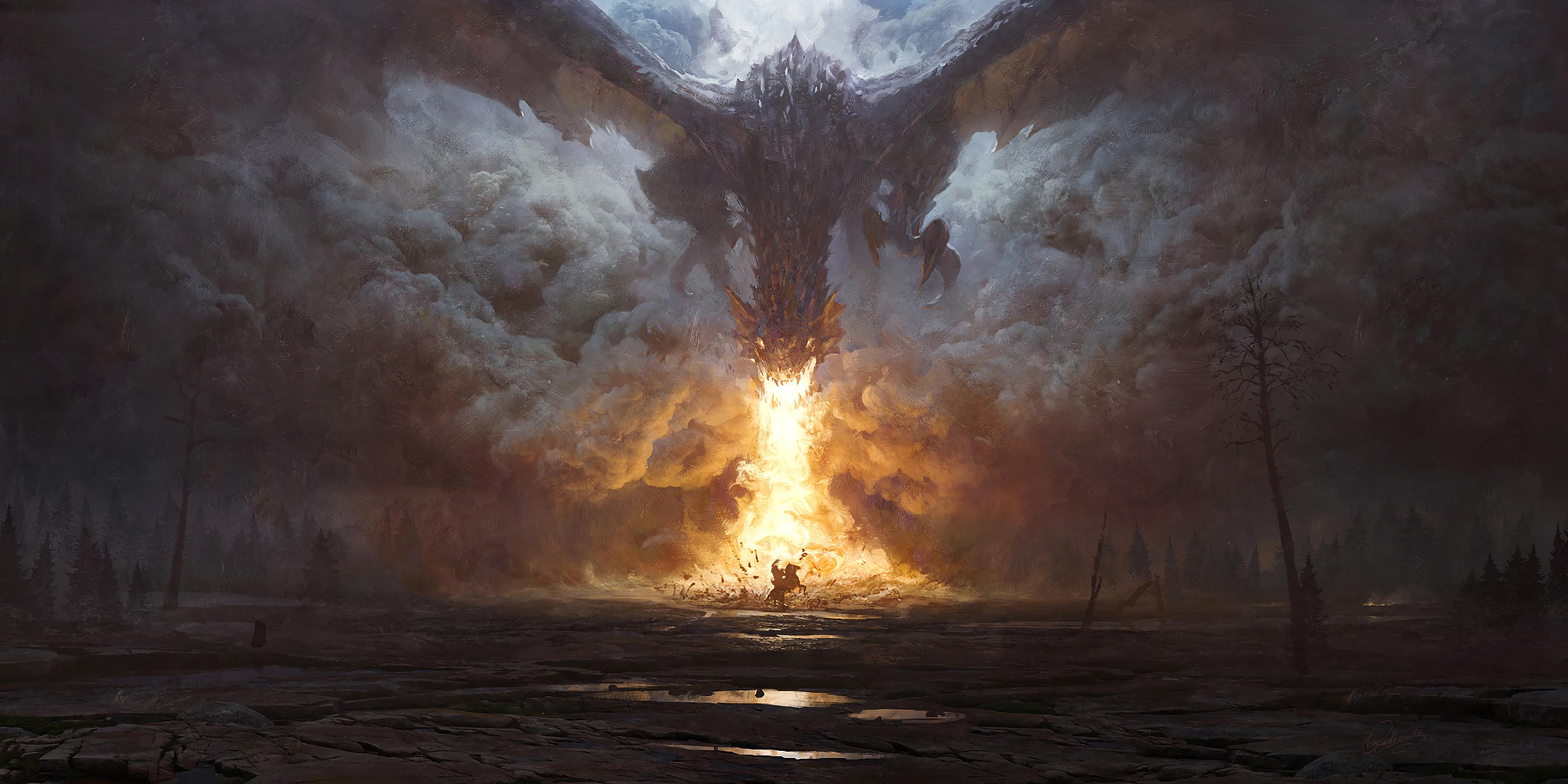 3840x1920 dragon, Fire, Fantasy art, Digital art, Dark fantasy Wallpaper HD / Desktop and Mobile Background