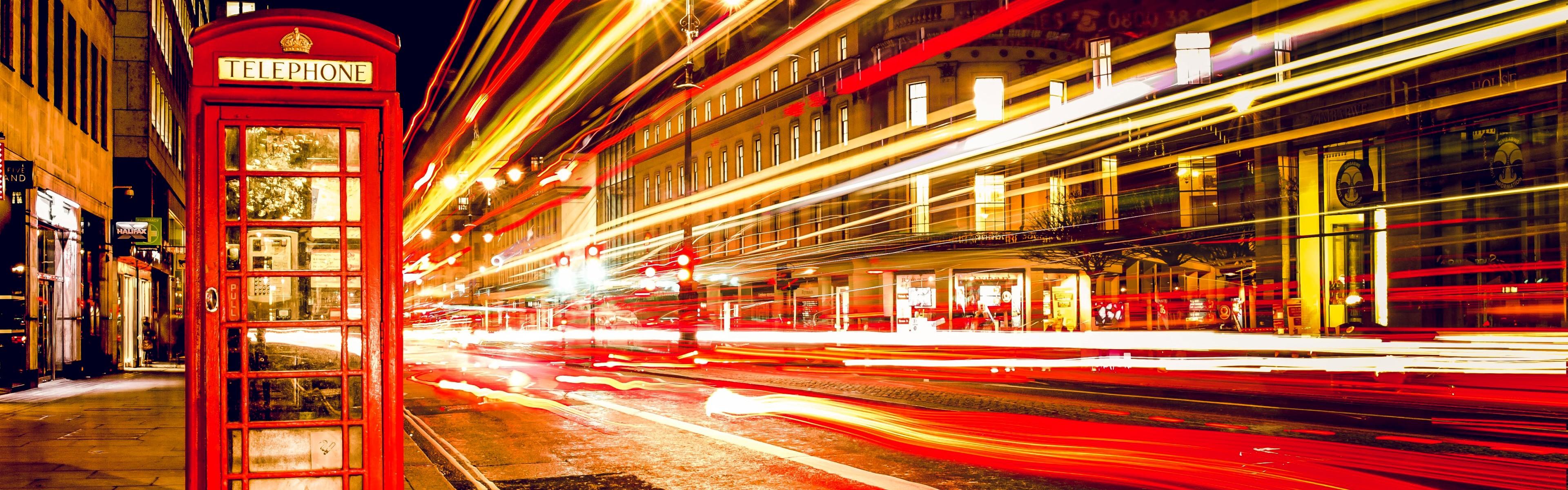 3840x1200 London Phone Box Street City Lights Long Exposure Night Multiple Display Dual Monitors Wallpaper:3840x1200
