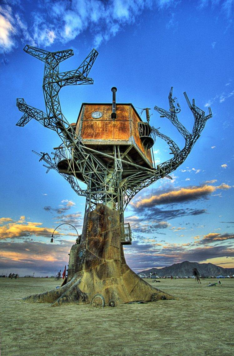 748x1137 steampunk, Metal, Burning Man, Desert, Portrait display, Festivals, House, Trees, Clouds, Rust, Construction, Mountains, Nature, HDR Wallpaper HD / Desktop and Mobile Background