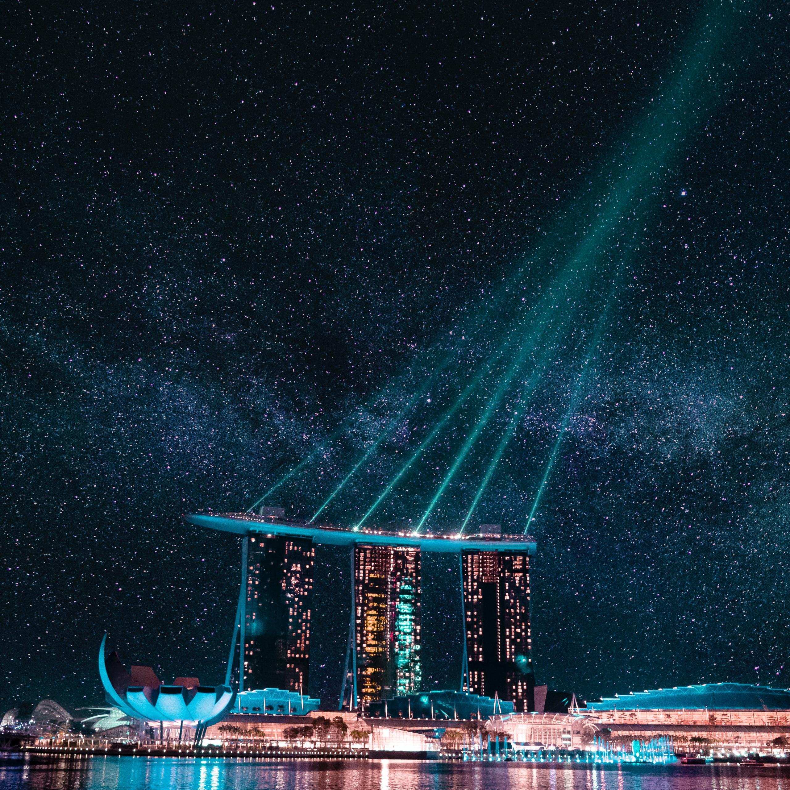 2560x2560 Marina Bay Sands Wallpaper 4K, Hotel, Singapore, Stars, Night life, City lights, World