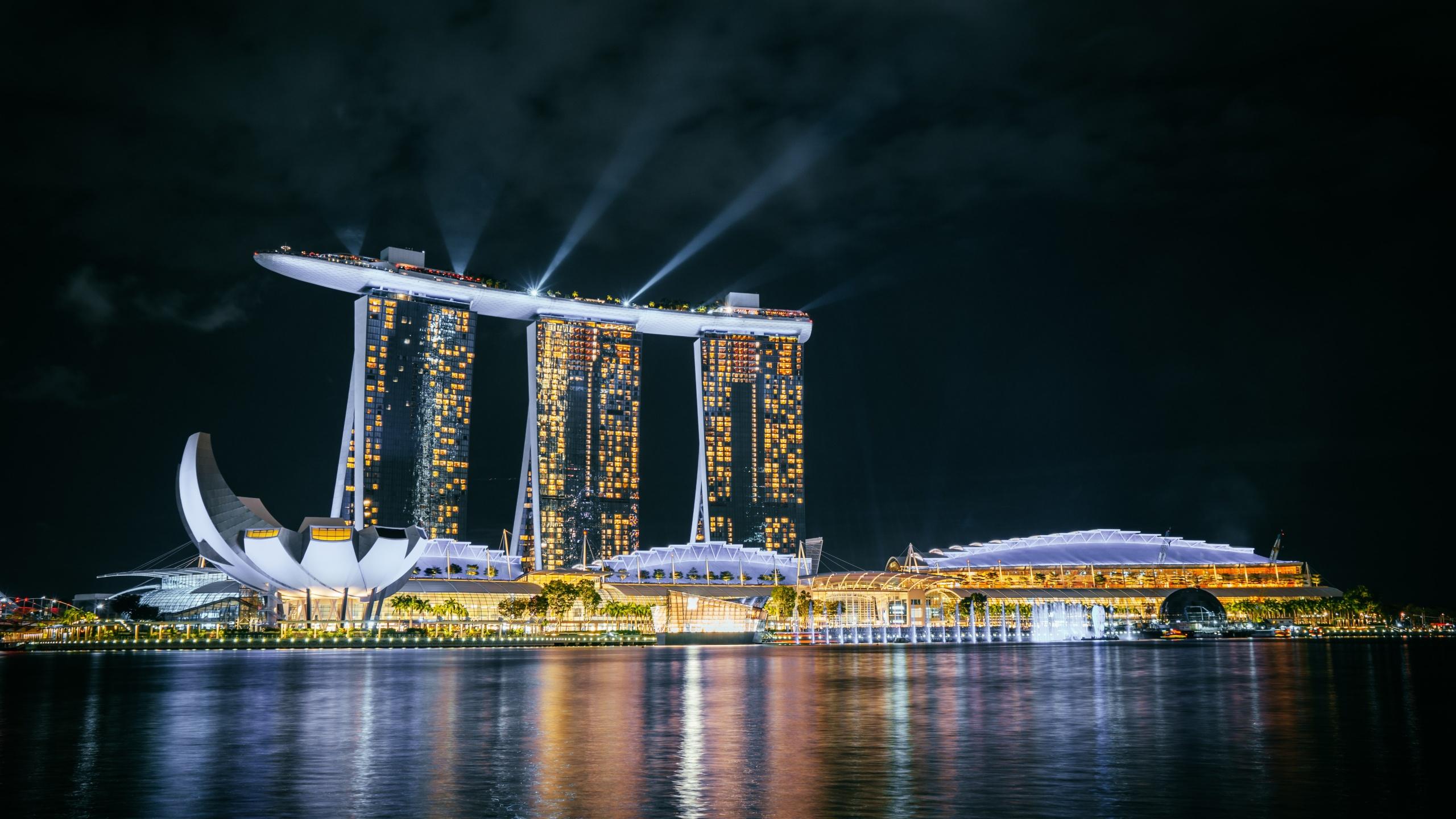 2560x1440 Marina Bay Sands Wallpaper 4K, Hotel, Singapore, Night life, City lights, World