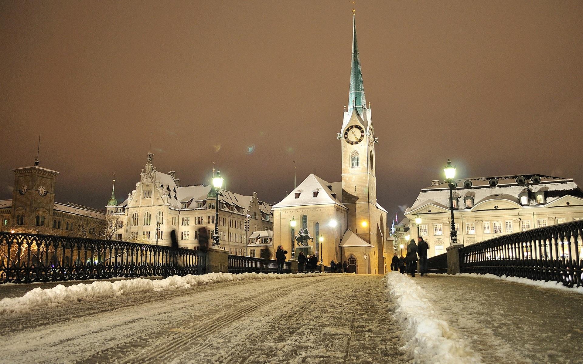 1920x1200 Wallpaper Zurich, Switzerland, house, people, winter, snow, night, lights 1920x1200 HD Picture, Image