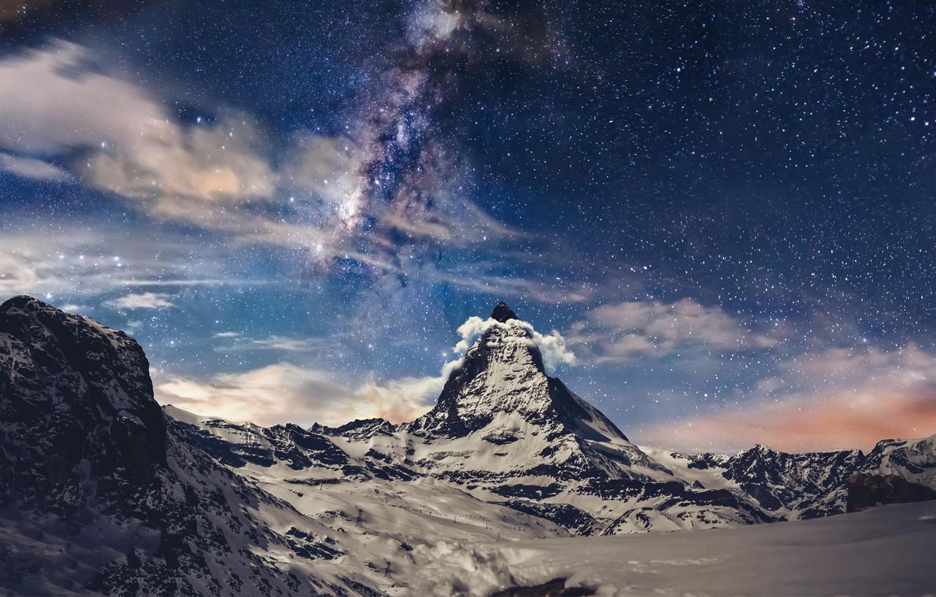 1332x850 Wallpaper stars, mountains, night, tops, The Matterhorn peak in Switzerland image for desktop, section природа