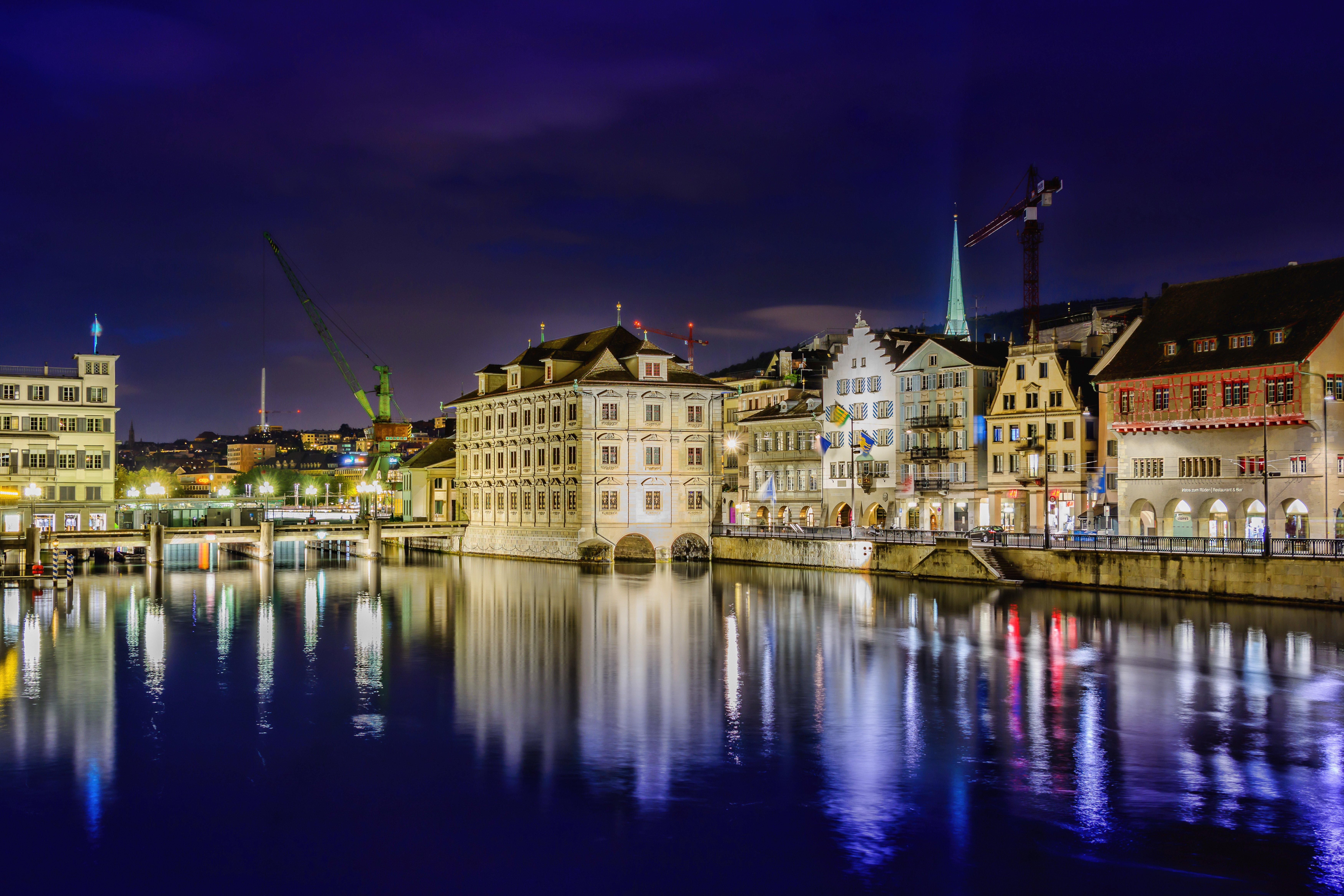 7000x4667 Switzerland Houses River Gockhausen Night Cities wallpaperx4667