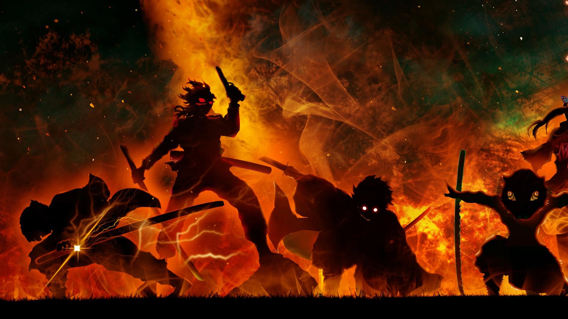 1920x1080 Demon Slayer Genya Shinazugawa Inosuke Hashibira Kanao Tsuyuri Tanjirou Kamado Zenitsu Agatsuma With Fire And Black Background HD Anime Wallpaper