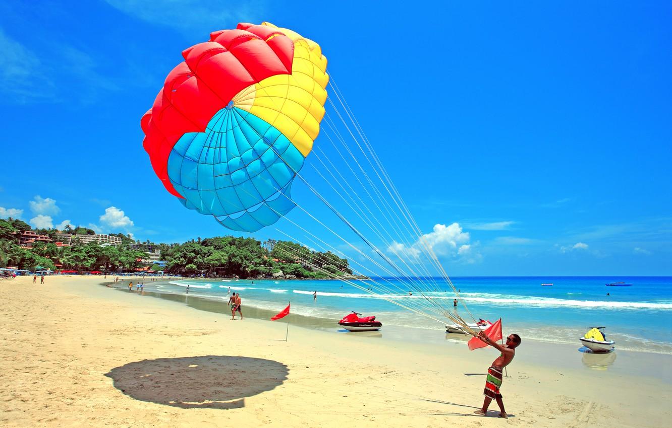 1332x850 Wallpaper sea, beach, the sky, clouds, people, parachute, resort, jet ski image for desktop, section пейзажи