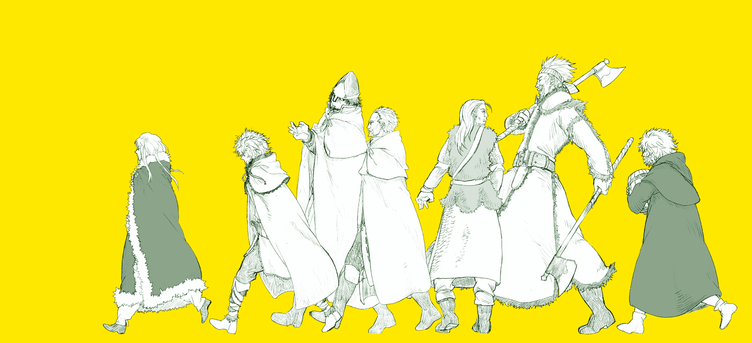 1483x678 thorfinn, askeladd, canute, thorkell, bjorn, and 2 more (vinland saga) drawn