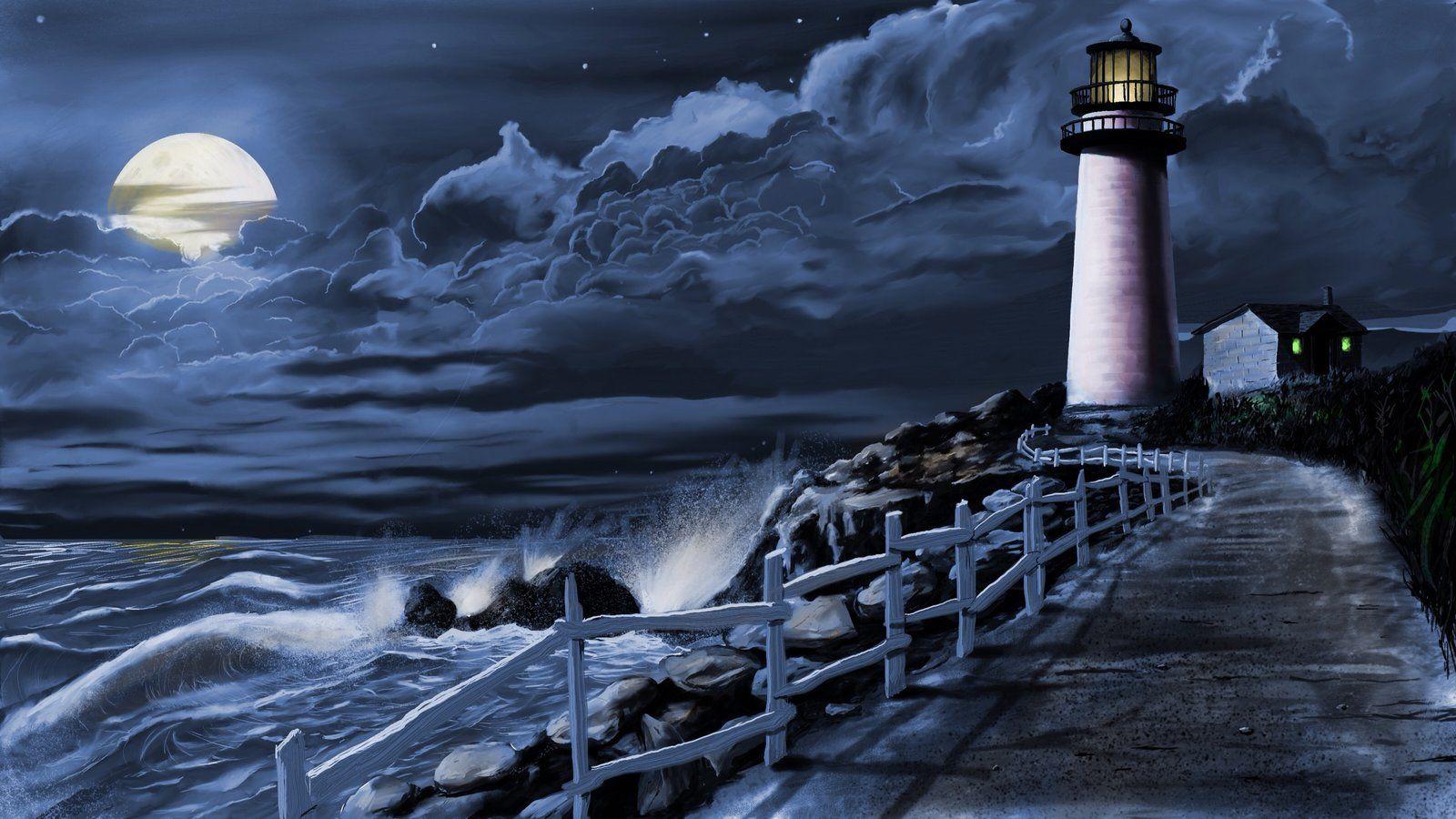1600x900 Lighthouse(night time). Full moon night, Lighthouse, A shade of vampire