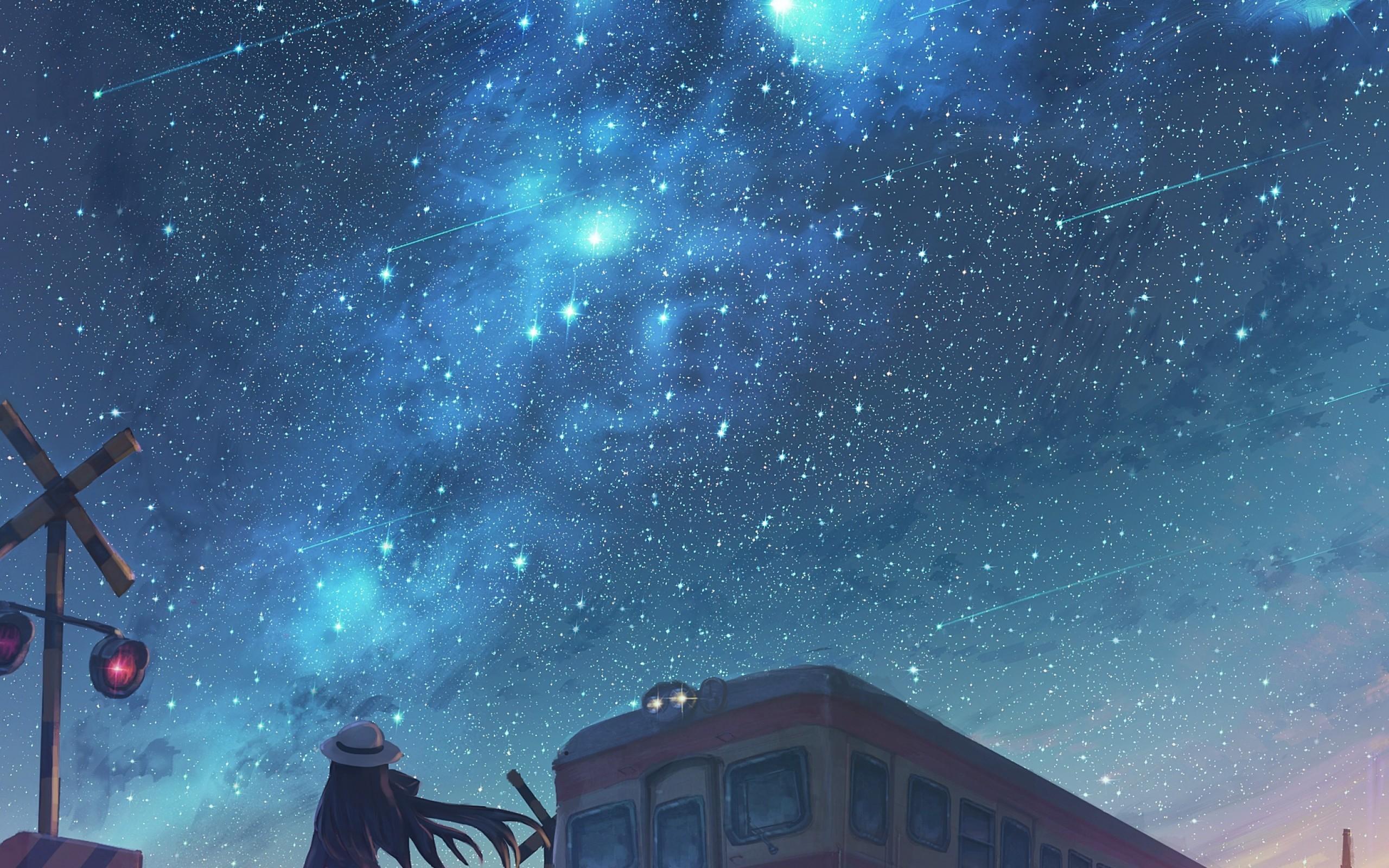 2560x1600 Anime Starry Sky, Railroad Car, Mood, Anime Girl, Scenic